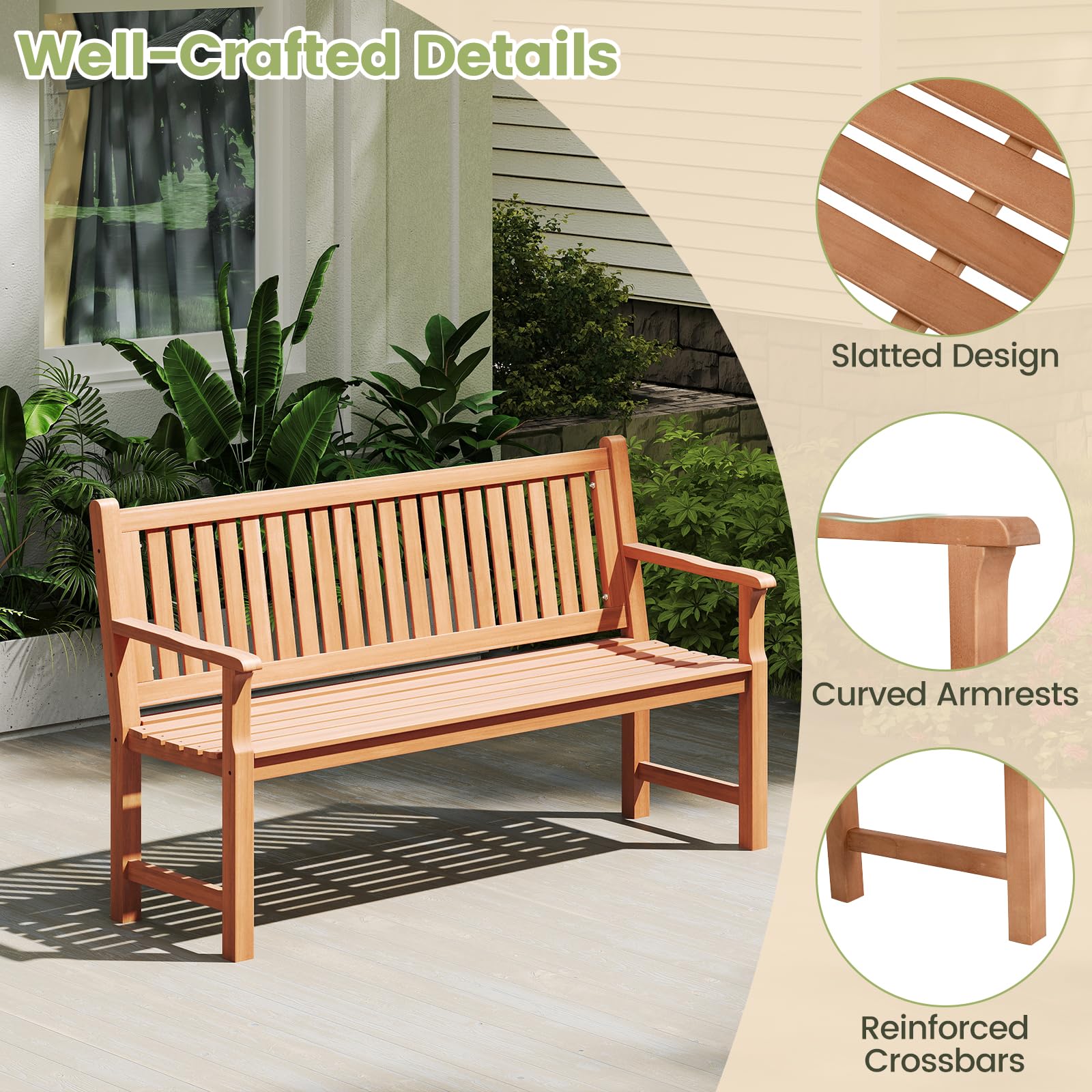 FANTASK 3-Sitzer Gartenbank, Sitzbank Holz mit Ergonomisch gestaltete Rückenlehne & Armlehnen, Holzbank, Terrassenbank Parkbank für Garten, Balkon, Terrasse (150 x 53,5 x 89 cm)