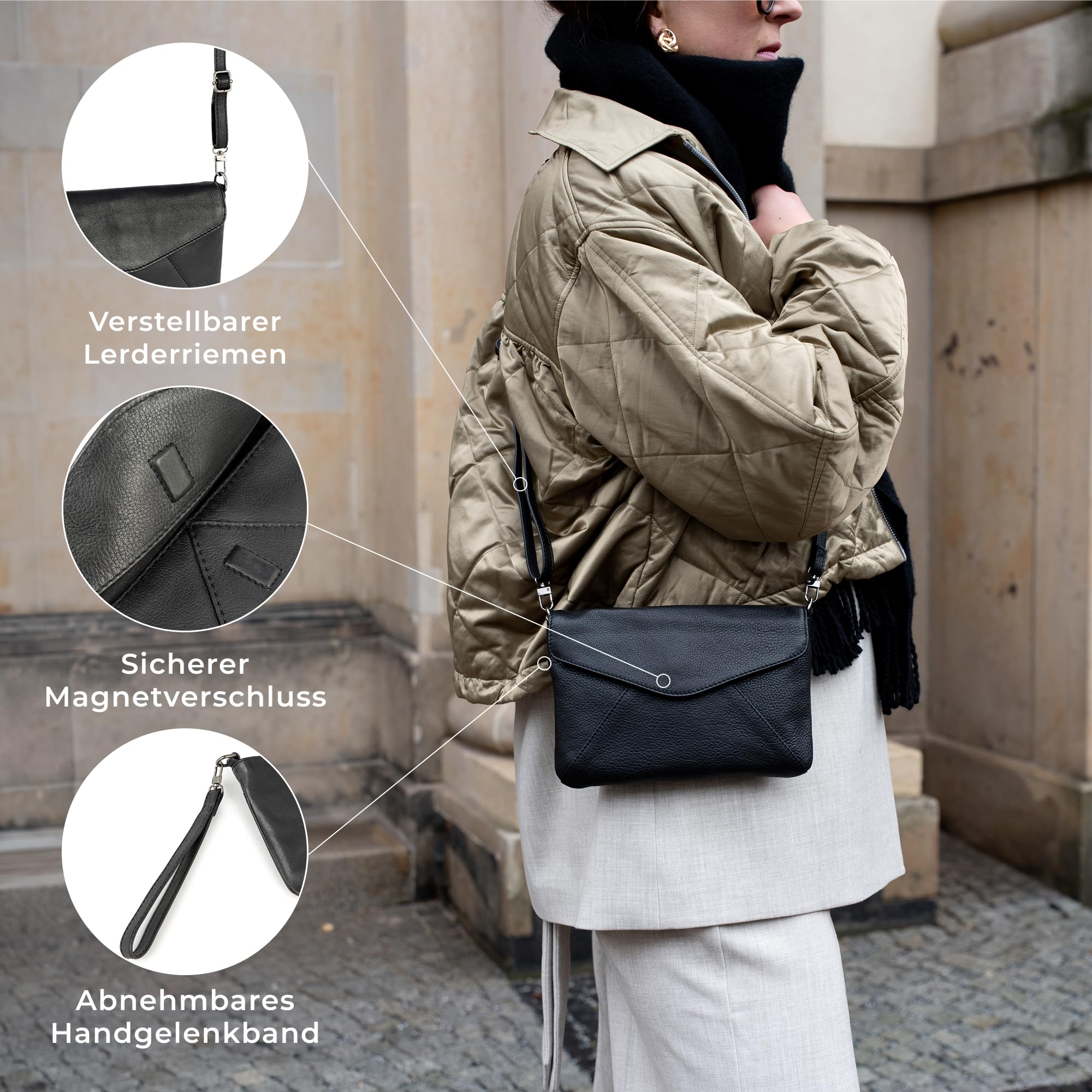 Berliner Bags Premium Leder Clutch Eva, Crossbody-Tasche, Umhängetasche & Handtasche für Damen mit Magnetverschluss – Schwarz