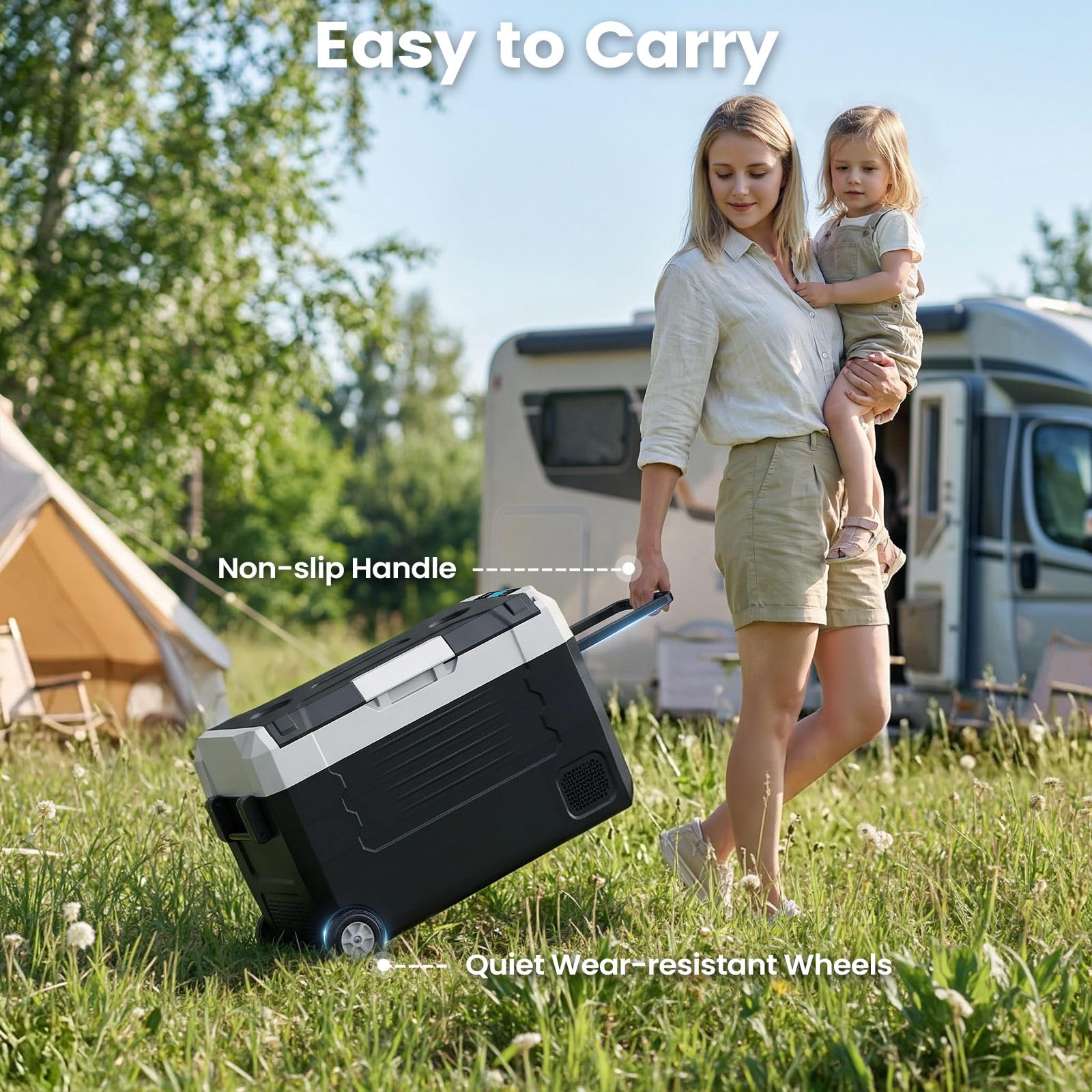 KROAK 45L Kompressor-Kühlbox mit Bluetooth-App, Dual-Zone (-20°C bis +20°C) | elektrisch für 12V/24V/230V – mit Rollen, Trennwand & Schneidebrett – ideal für Camping, Auto, LKW, Wohnmobil