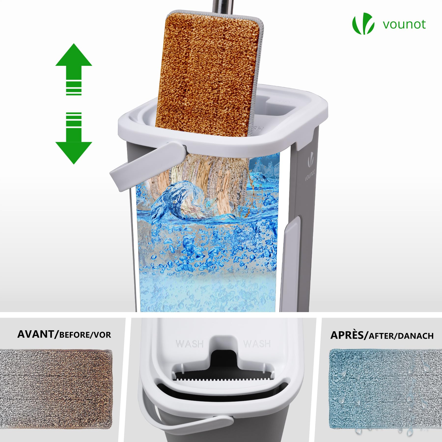 VOUNOT Wischmopp Set mit Eimer, Bodenwischer zum Auswringfunktion, Flacher Mikrofaser & Putzset mit Edelstahlgriff, 6 Wiederverwendbare Wischmop Ersatzbezüge, alle Arten von Böden Grau