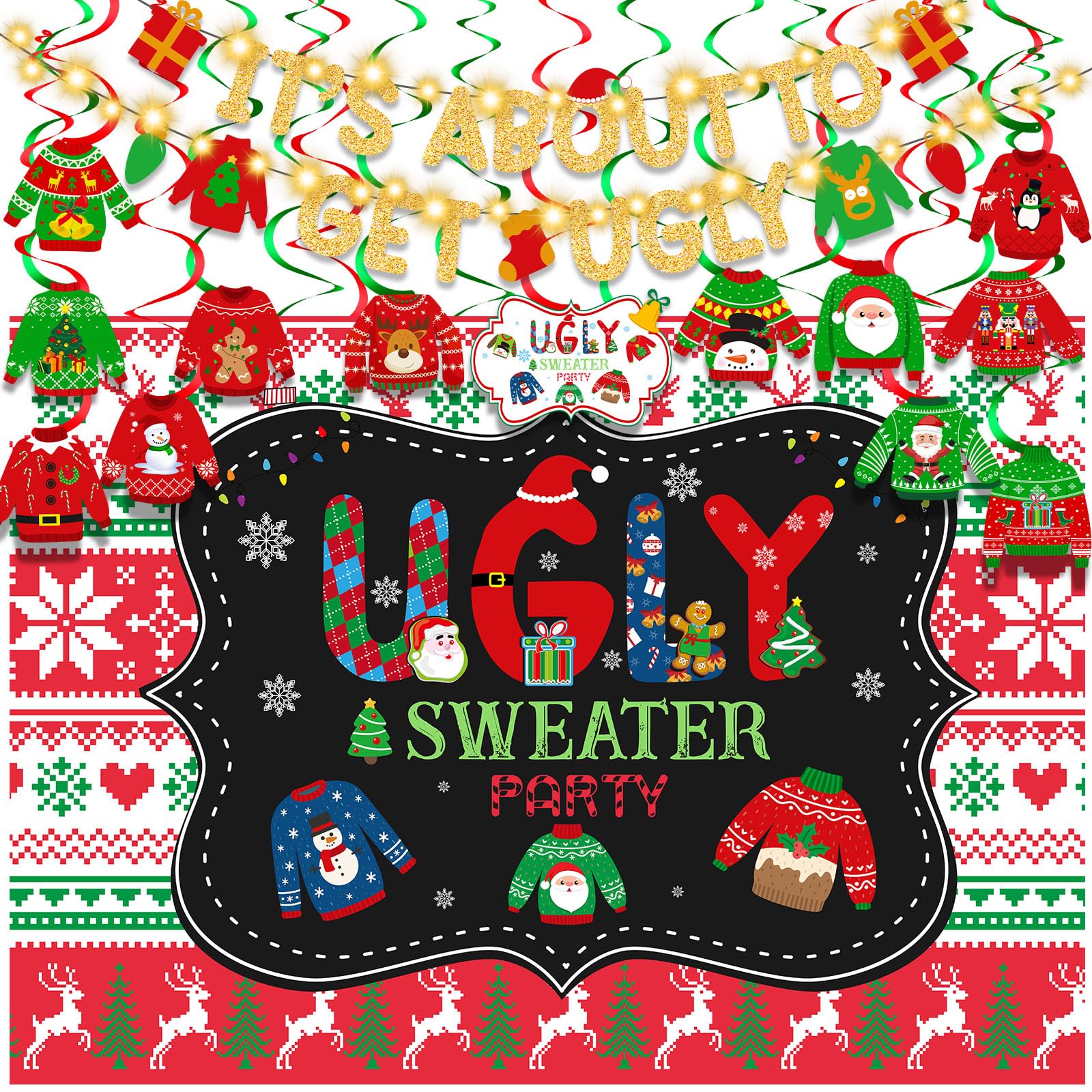 Syhood 42 Pcs Ugly Sweater Party Supplies Set Includes Christmas Sweater Party Foil Hanging Swirls It's About to Get Ugly Banner Party Decorations Backdrop and LED String for Ugly Sweater Xmas Party