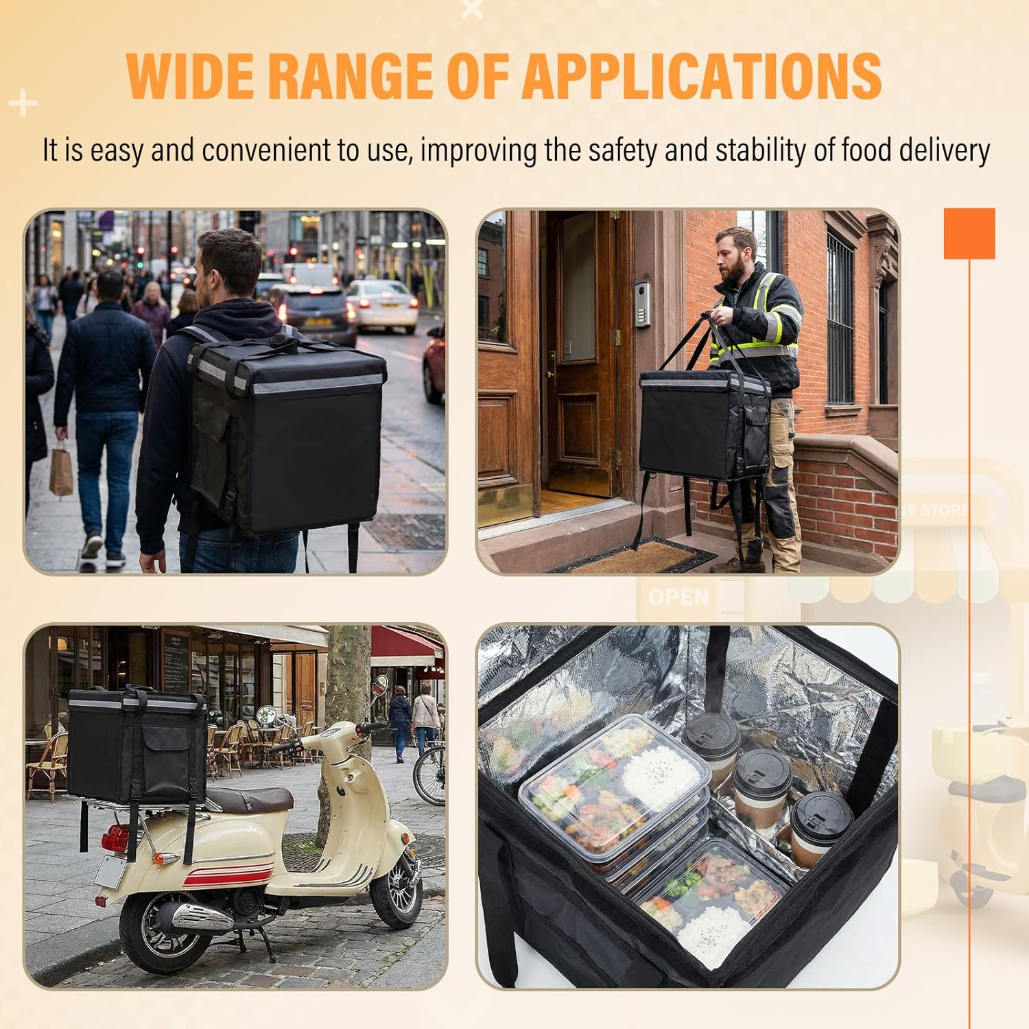 Huge Heat Insulation Food Delivery Bag for Motorcycle, Big Pizza Delivery Bags for Bicycle/scooter, 2 Layers, Rigid Frame (Top Loading,18 x 18 x 18 Inches)