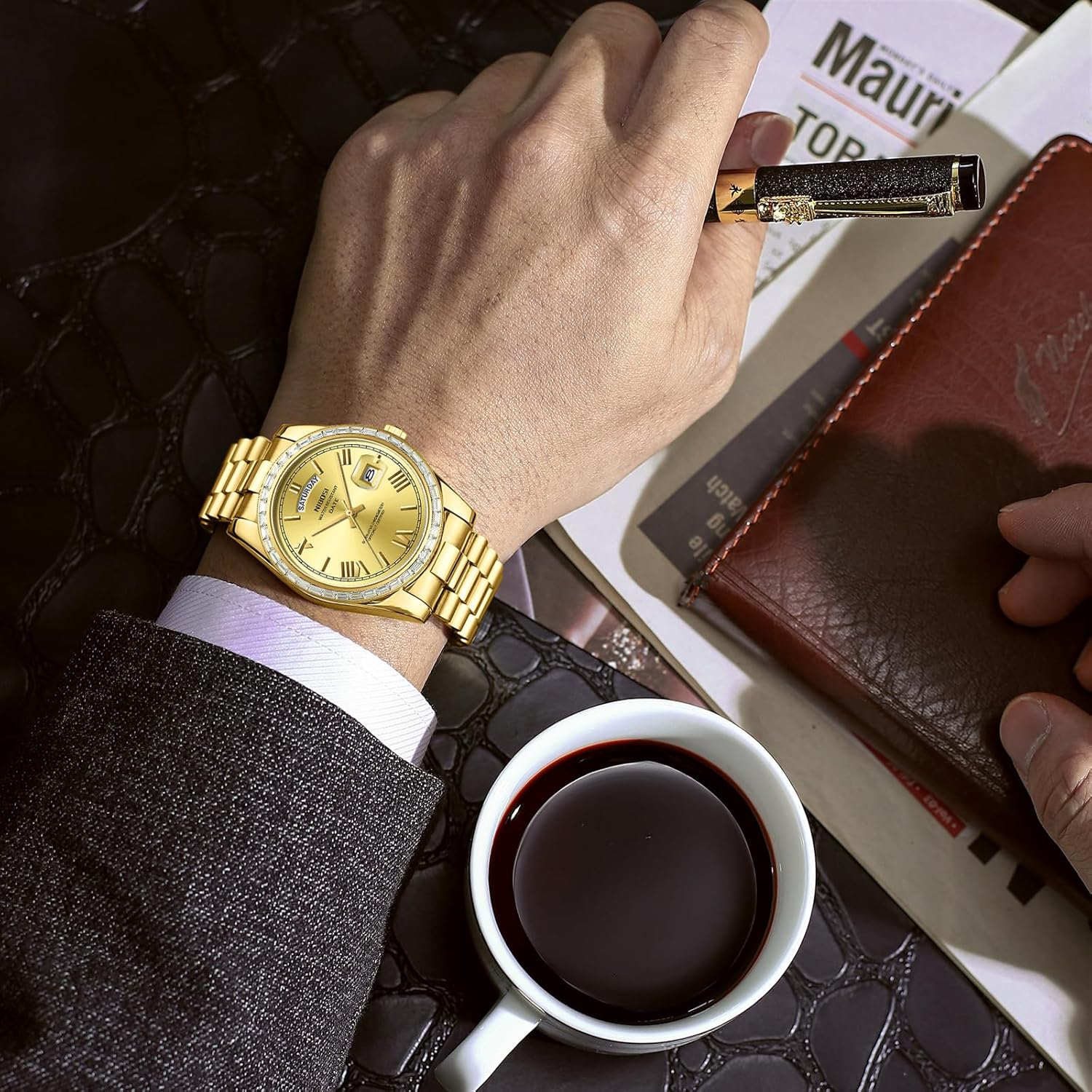 NIBOSI Men's Watches Analog Quartz Diamond Bezel Stainless Steel Dial Rose Gold Silver Watches for Men Waterproof Business Classic Dress Wrist Watch with Day Date - Image 5