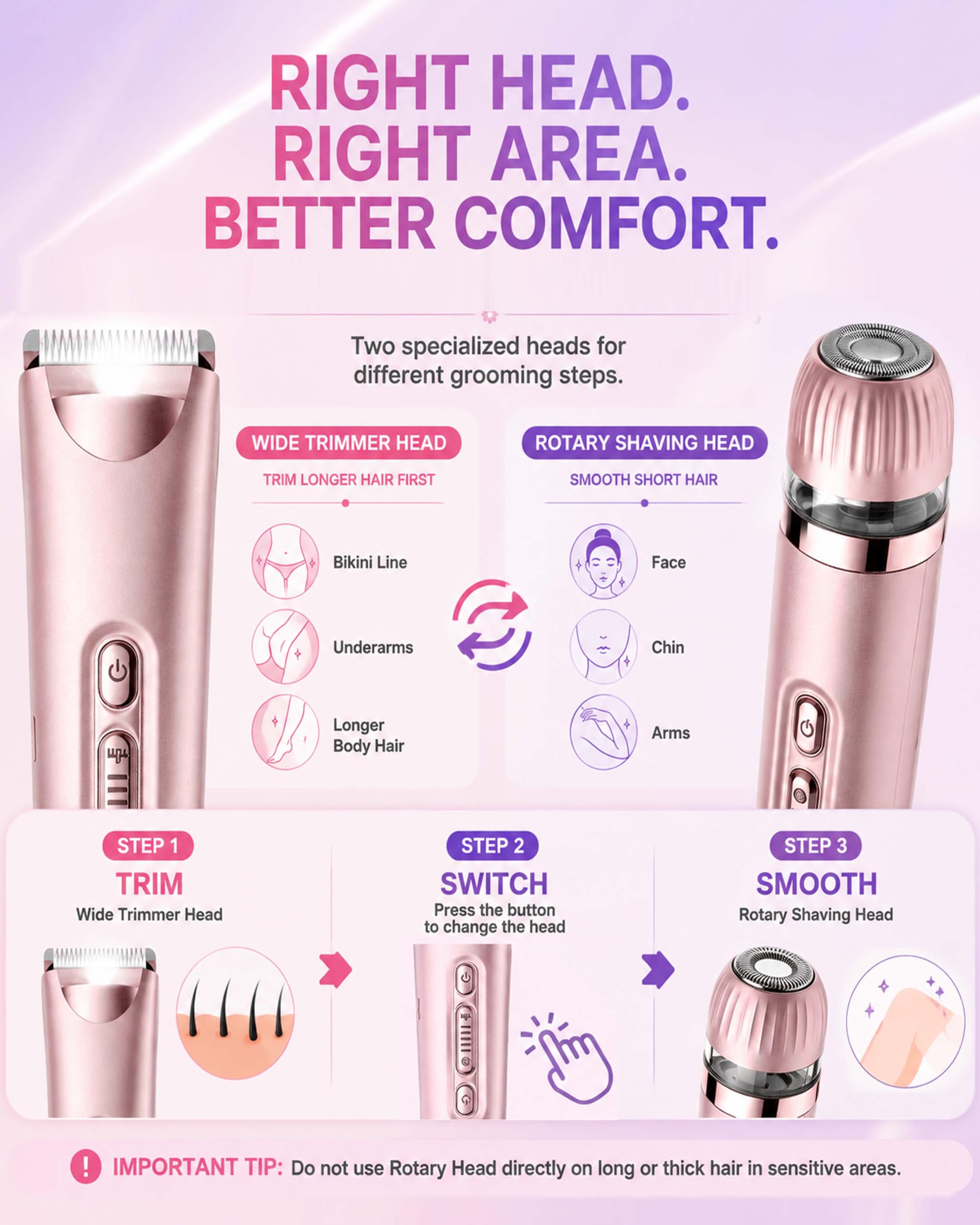 2 in 1 Dual Head Damen Elektrischer Haarschneider und Haarentferner Rose Gold mit Eingebautem LED-Licht USB-C Wiederaufladbar