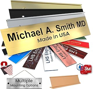 Engraved Name Plates for Door Sign Personalized Brushed Brass Plastic Plaque with Black Letters - Made in USA 2x10 M6