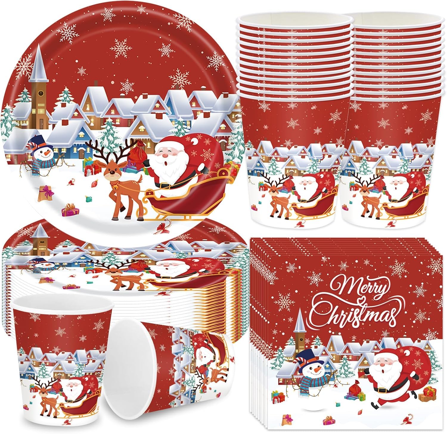 LATERN 100Pcs Christmas Party Paper Tableware Set, 25 x 9 Inch Dinner Plates, 25 x 7 Inch Salad Plates, 25 x 270ml Cups, 25 x 16CM Napkins - for Christmas Winter Holiday Party Decoration โ image 1