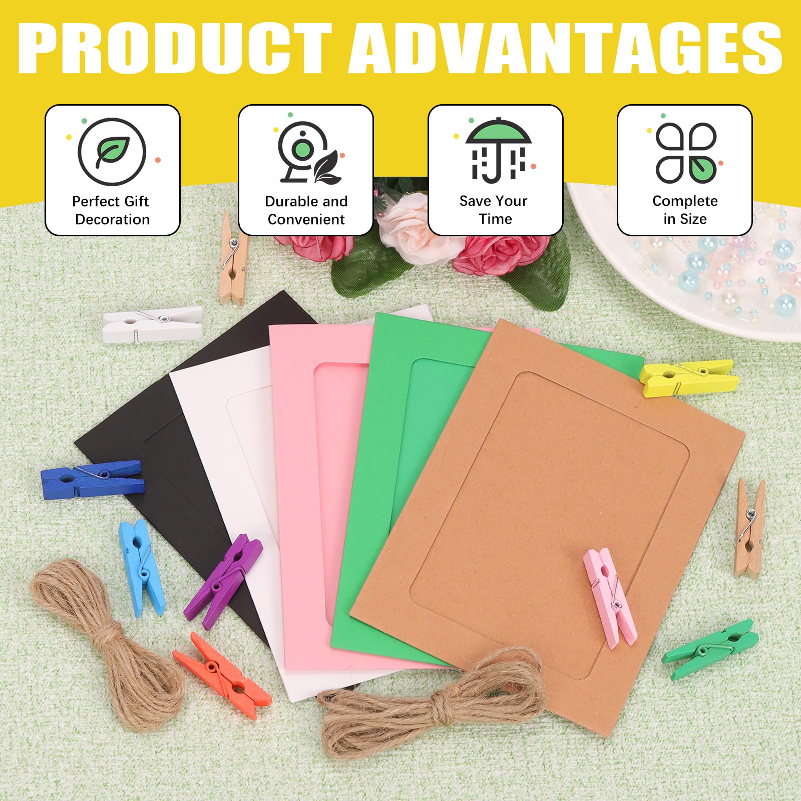 Mardatt 40 Set 5" Paper Picture Frames, Includes Colorful Cardboard Photo Frames with Wooden Clips, Strings for Home Decor - Image 4