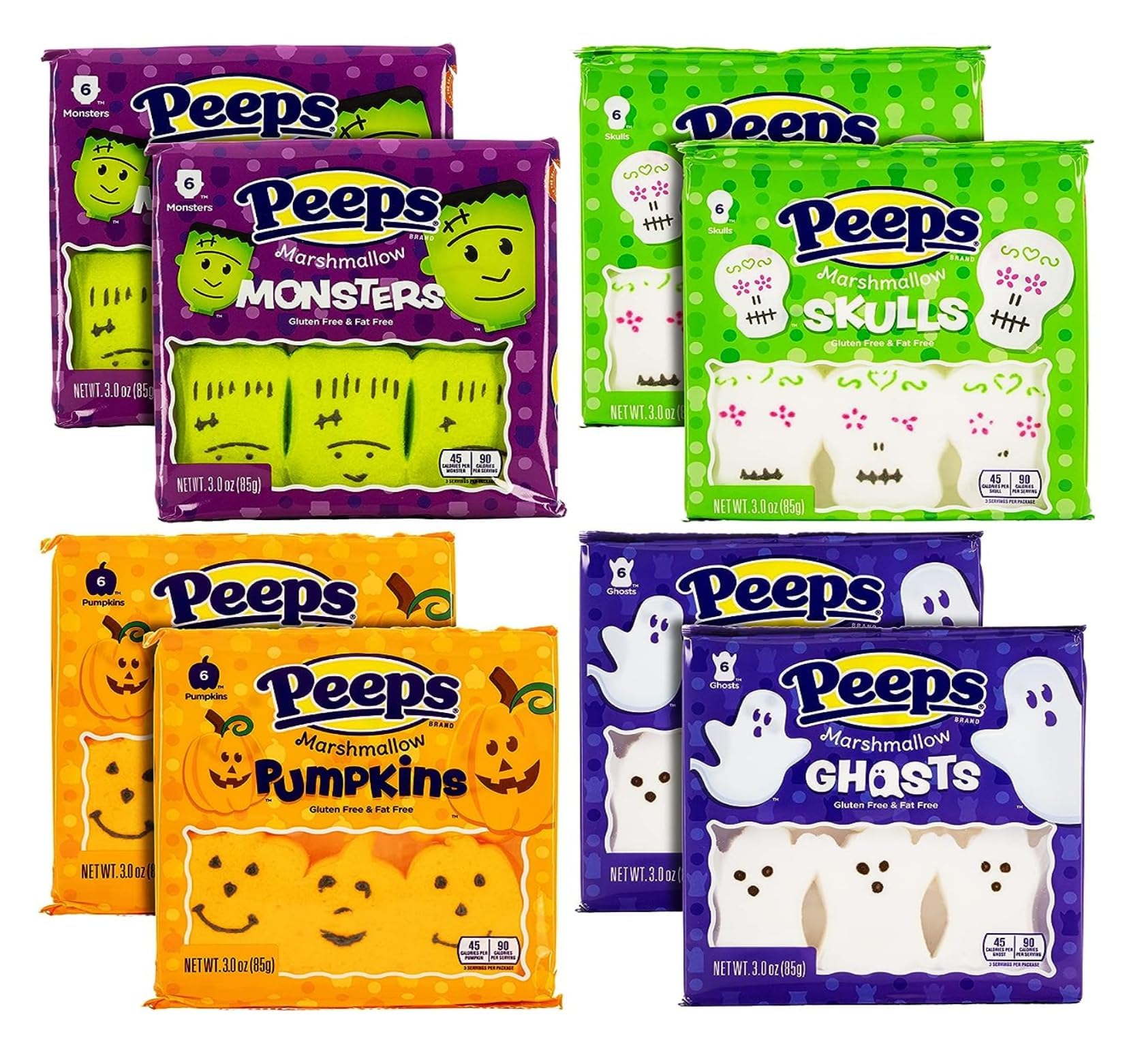 Peeps Marshmallows Variety of 8 Packs of Each Monsters Skulls, Ghosts and Pumpkins, 48 Total Halloween Peeps Marshmallows Packaged By Kensington Valley Trading