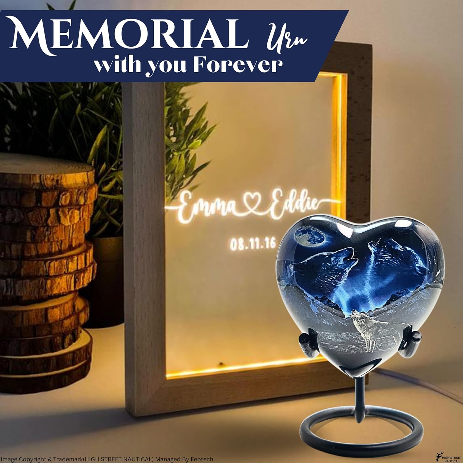 HIGH Street Nautical Small Heart Keepsake Cremation Urn for Human Ashes - Mini Urns for Mom & Dad with Velvet Case Memorial,Funeral Urn for Adult with Brass Stand Urns for Your Loved One (Wolf Heart)