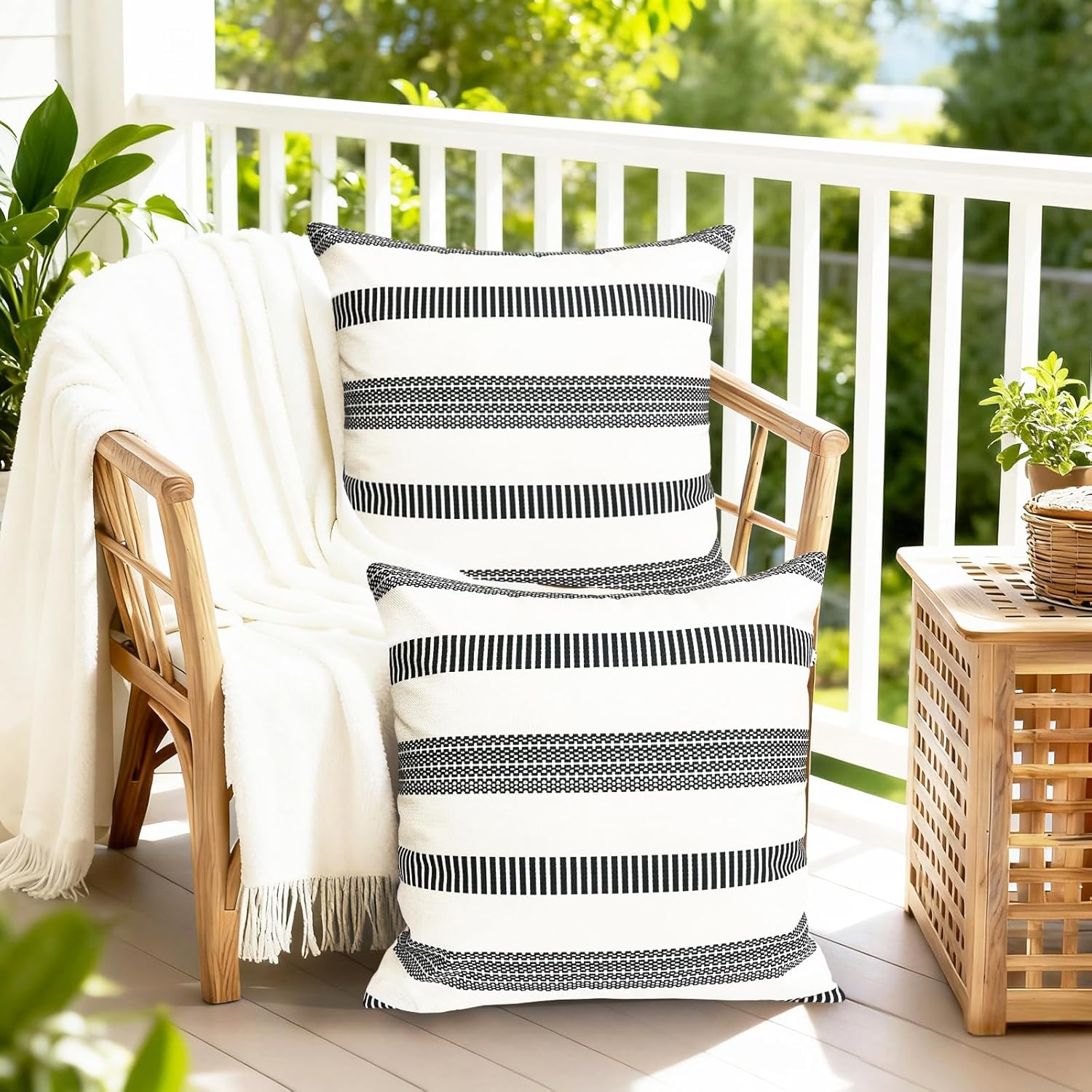 Decorative Throw Pillow Covers Set of 2 Black Boho Striped Pillow Covers 22x22 Inch Throw Pillow Cover Linen Pillowcase Farmhouse Outdoor Pillow Covers for Couch Sofa Bed Living Room
