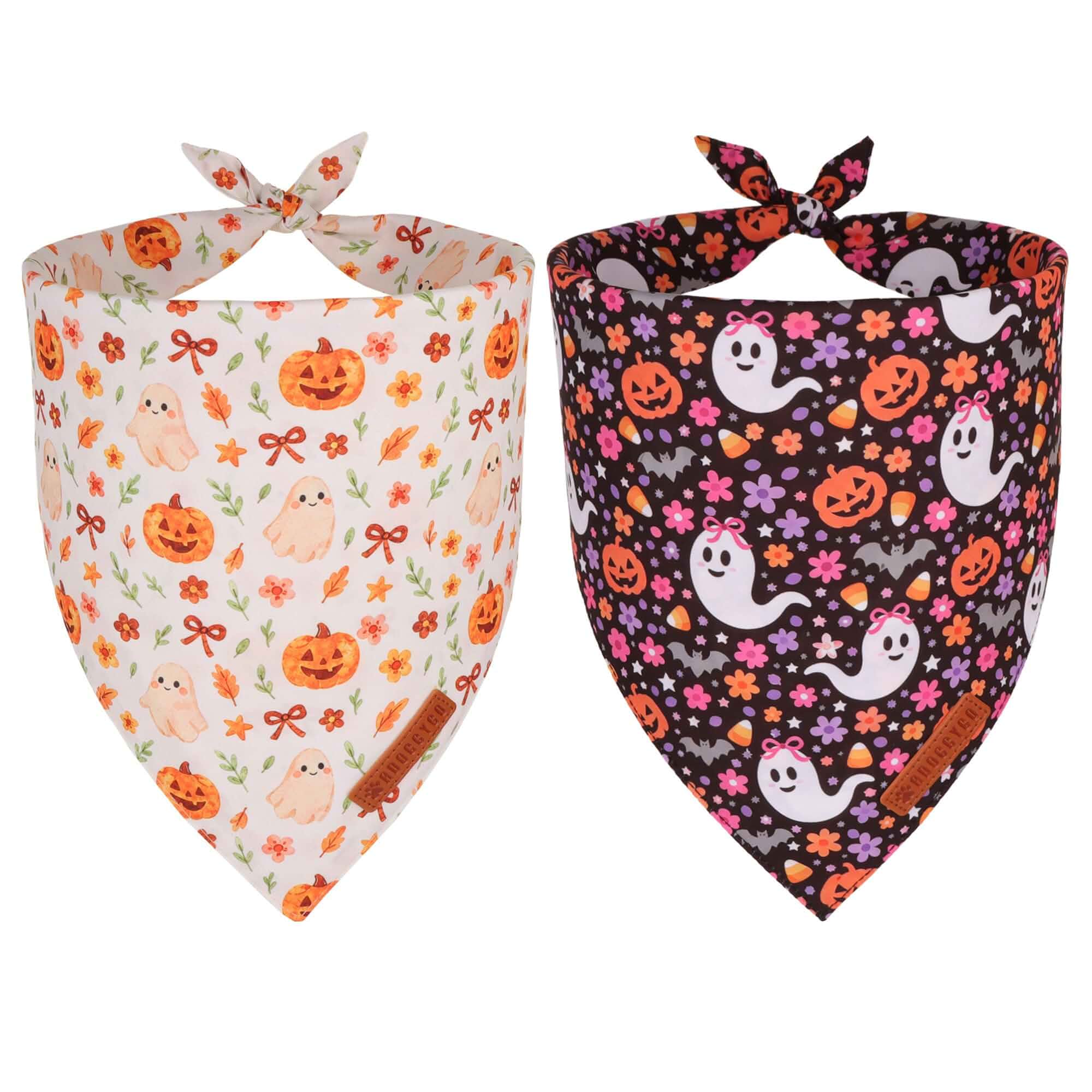 ADOGGYGO Halloween Floral Dog Bandanas, Ghost Pumpkin Fall Dog Scarf, L3 Sizes, Adjustable Halloween Bandanas for Medium Large Dogs, Reversible, Soft Fabric, Halloween Party & Photos