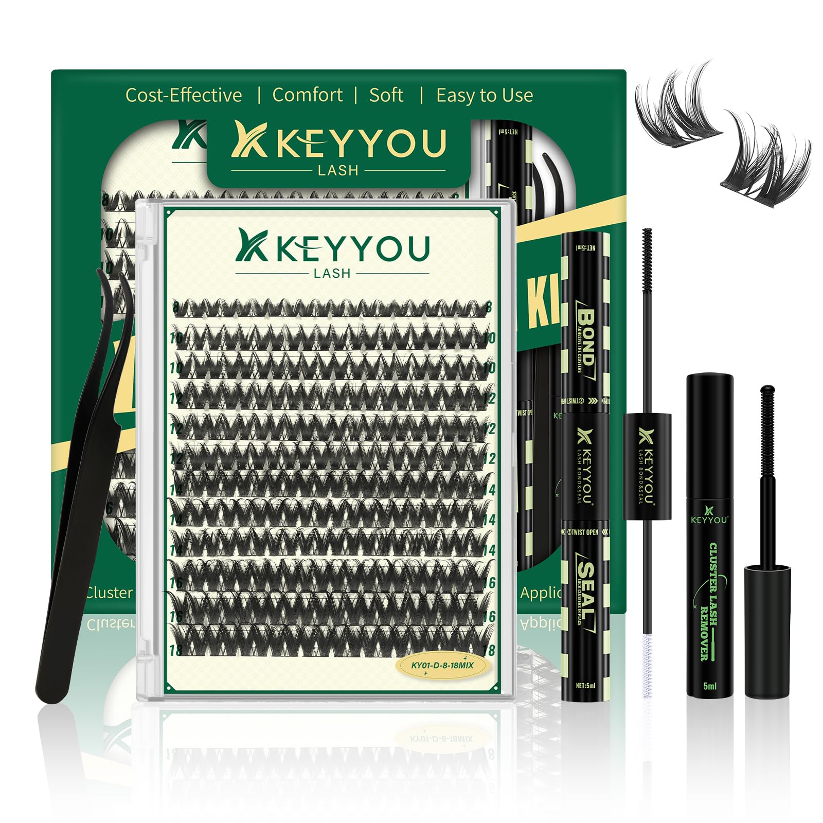 Photo 1 of KEYYOU Lash Clusters Kit 120pcs 8-18mm Mix, DIY Eyelash Extension Kit with Bond and Seal, Eyelash Glue and Tweezers for Volume Fluffy Lashes at Home (KY01)