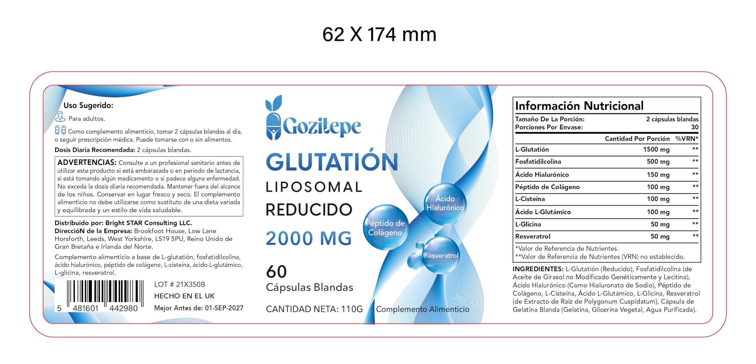 Liposomal Glutatione Ridotto 2000 mg per Porzione | Integratore di Glutatione con Acido Ialuronico + Peptidi di Collagene + Resveratrolo (60 Unità (Confezione da 6))