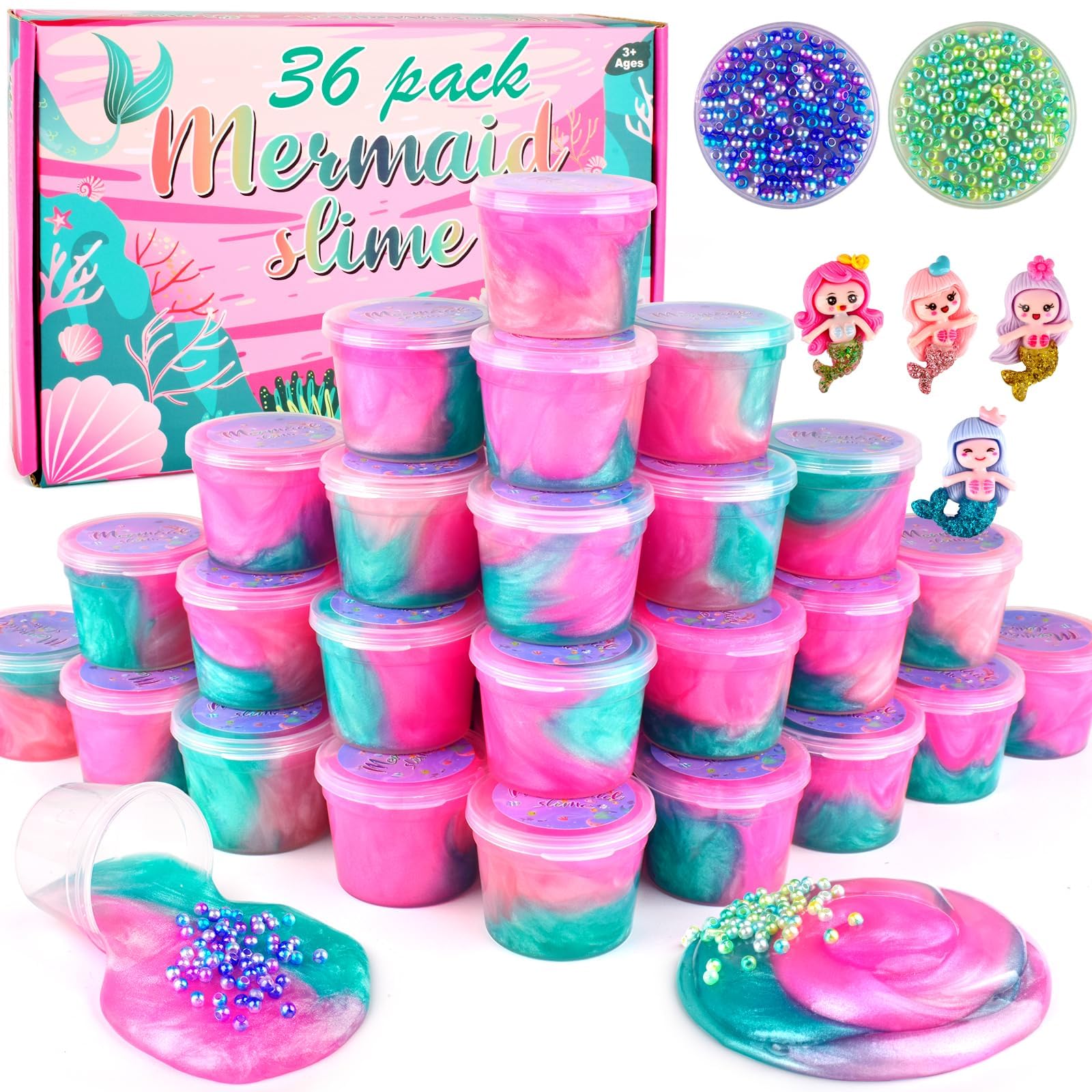 36 Pack Mermaid Slime Kit, Soft & Non-Sticky Galaxy Slime Pack, Party Favors Stress Relief Toys for Kids, Classroom Rewards, Birthday Easter Gifts for Space Lovers