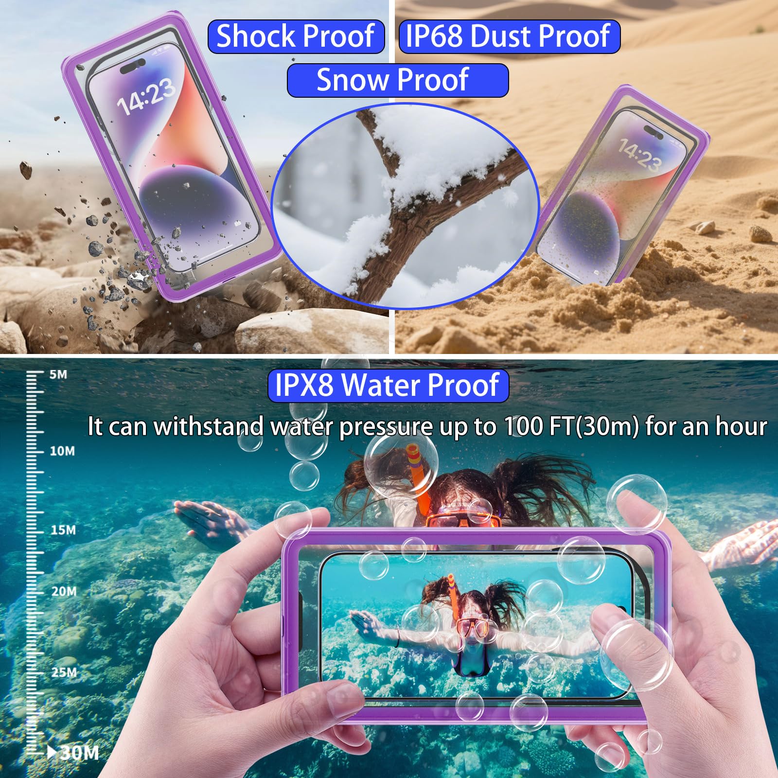 Funda impermeable de alta calidad, doble sellado, pantalla táctil subacuática, autocomprobación de fugas, 100 pies IPX8 + IP68, a prueba de polvo y caídas, funda impermeable de 7.9 pulgadas para