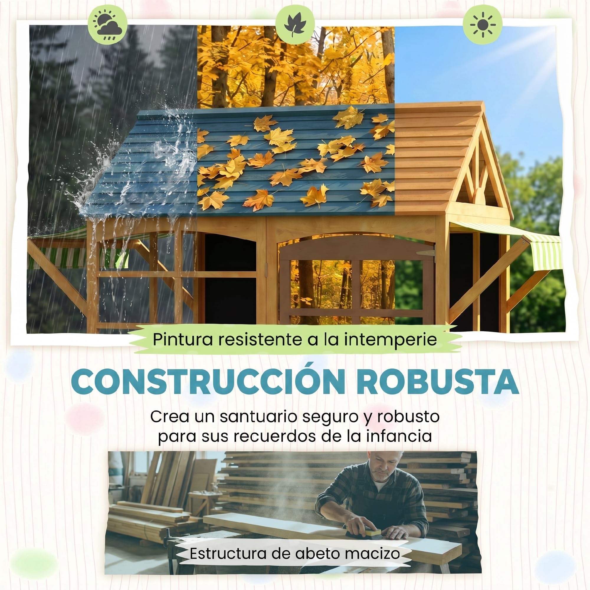 AIYAPLAY Casita Infantil Exterior de Madera Plegable Casa Jardín Infantil con 2 Pizarras Ventanas y Toldo Casita de Juegos para Niños a Partir de 3 Años Natural