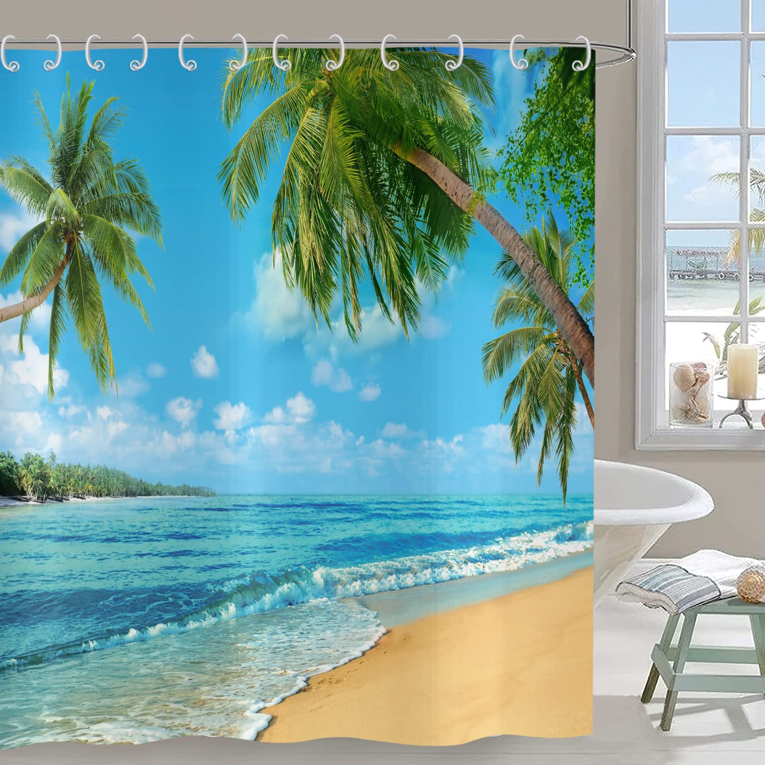 Hnmdmyi Ocean Beach Shower Curtain 180x200, Tropical Palm Trees Seaside Island Blue Sky Hawaiian Landscape Bathroom Curtains with Hooks Waterproof Polyester Fabric Washable Bath Curtains for Wet Room