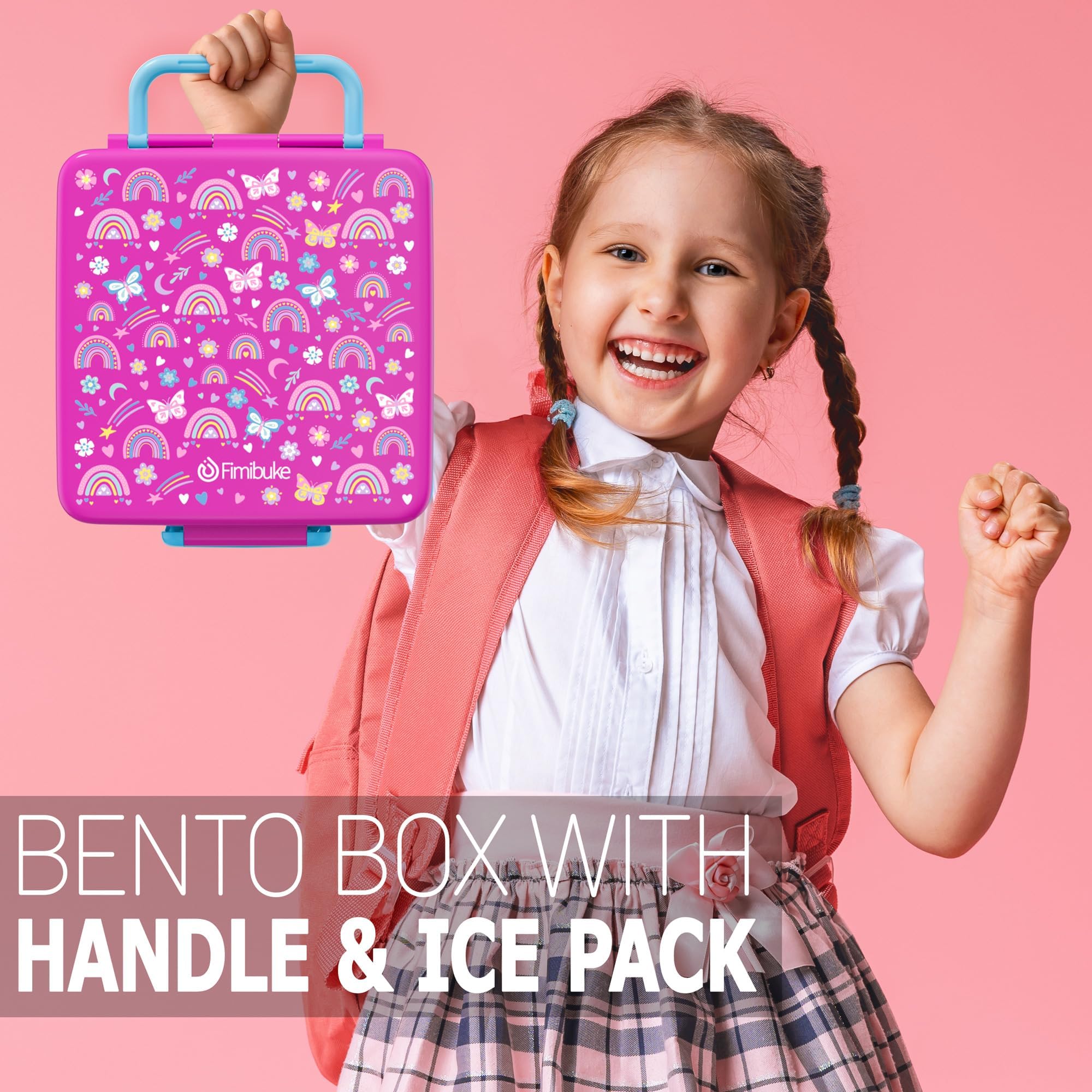 Fimibuke Chill Bento - Lonchera para niños y adultos, a prueba de fugas, con bolsa de hielo, mantiene la comida fría, contenedor de almuerzo de 4 compartimentos sin BPA con utensilios para niñas y