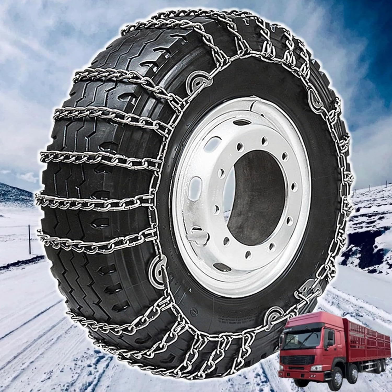Set of 2 Snow Chains For Cars Suv Pickup Trucks Commercial trucks AVT- Quick Fit AND Easy Installation,Reusable Universal Emergency Traction Snow Chains 8.25-16 2pcs 285/80R22.5