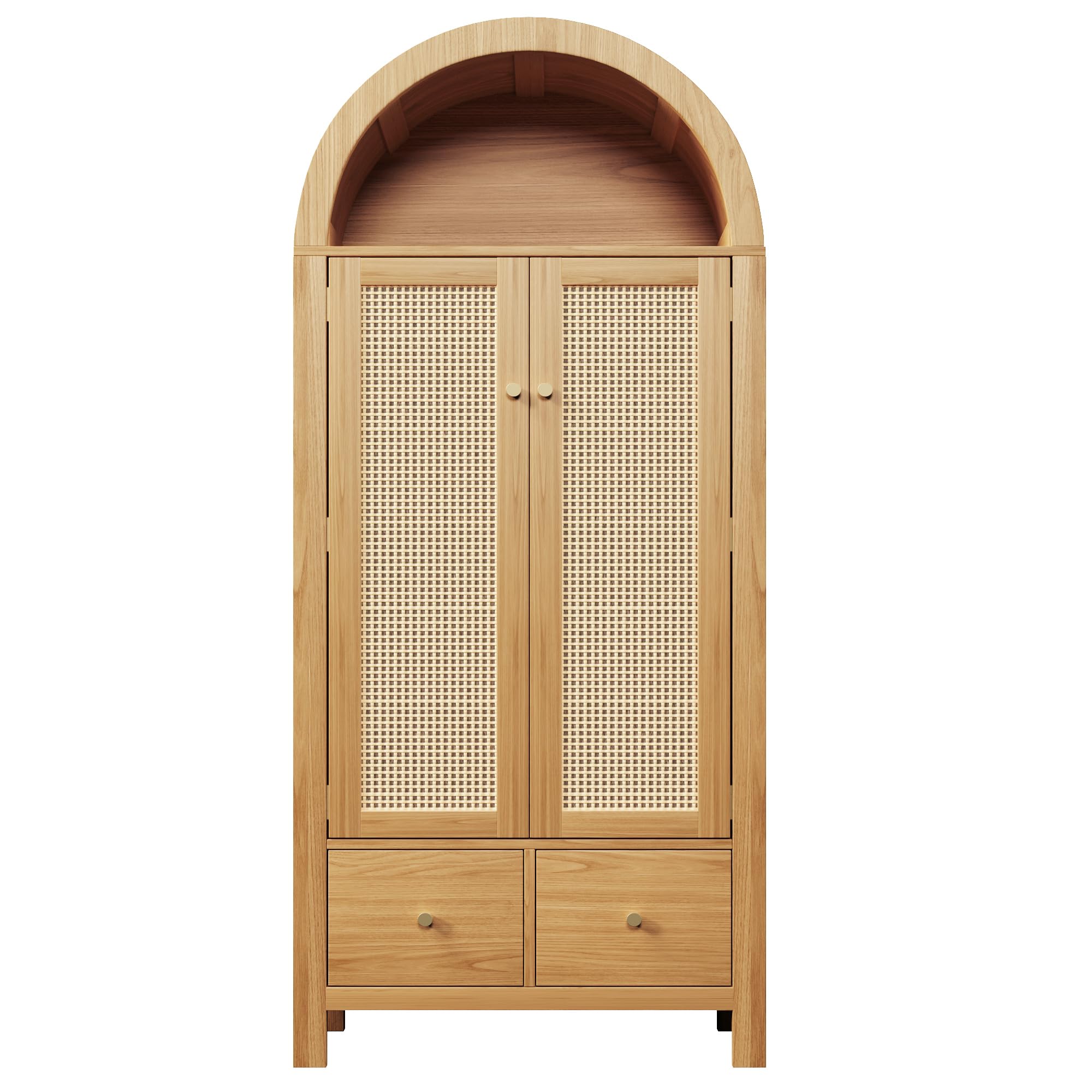 Moimhear Armario 181 x 78 x 45 cm con trenzado de ratán, estante semicircular abierto, 2 puertas con cierre magnético, 2 cajones (roble)