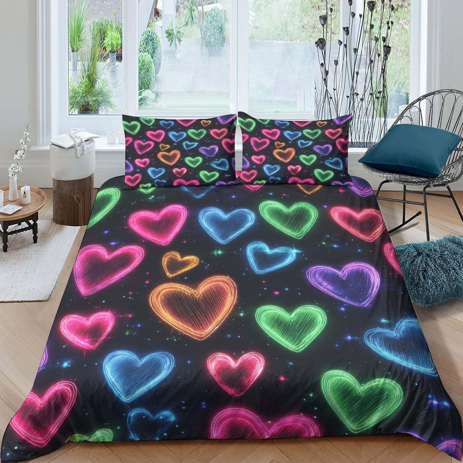 3D Printed Neon hearts glow Duvet Cover Brushed Microfiber colorful digital art Bedding Cover Hypoallergenic Lightweight for College Dorm Teenagers Student Home Use Single（140x200cm）