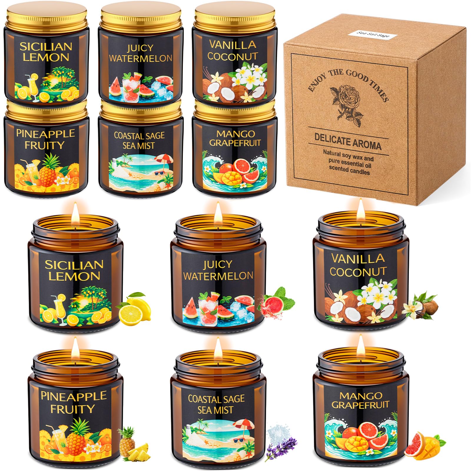 Conelist Juego de 12 velas perfumadas de cera de soja fructífera para el hogar, 3.5 onzas, 180 horas de combustión, regalo para hombres y mujeres, aroma de coco vainilla, piña, salvia de sal marina