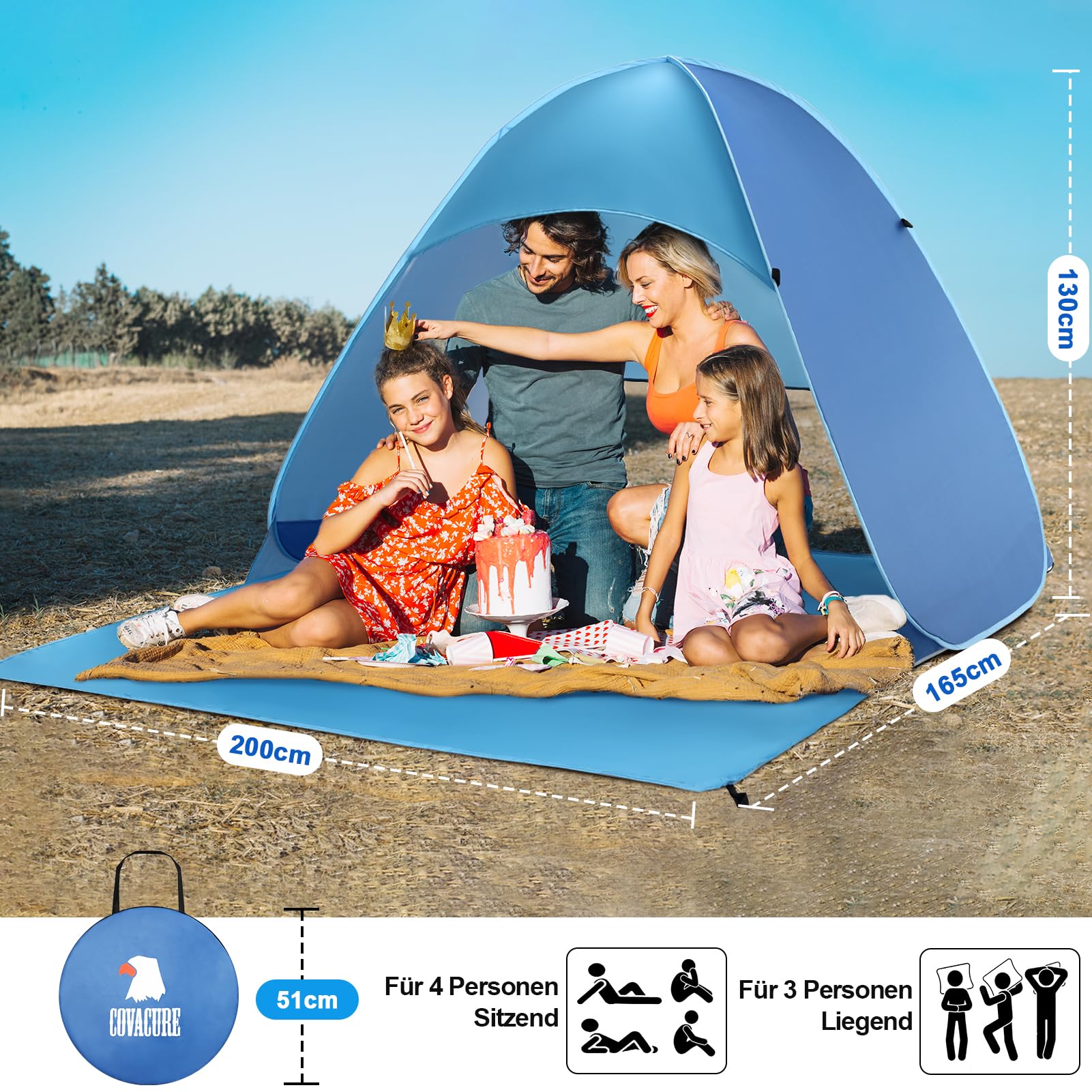COVACURE Strandmuschel Pop Up XXL Strandzelt für 3–4 Personen, mit UV-Schutz UPF 50+ Ideal für Strand, Garten und Park