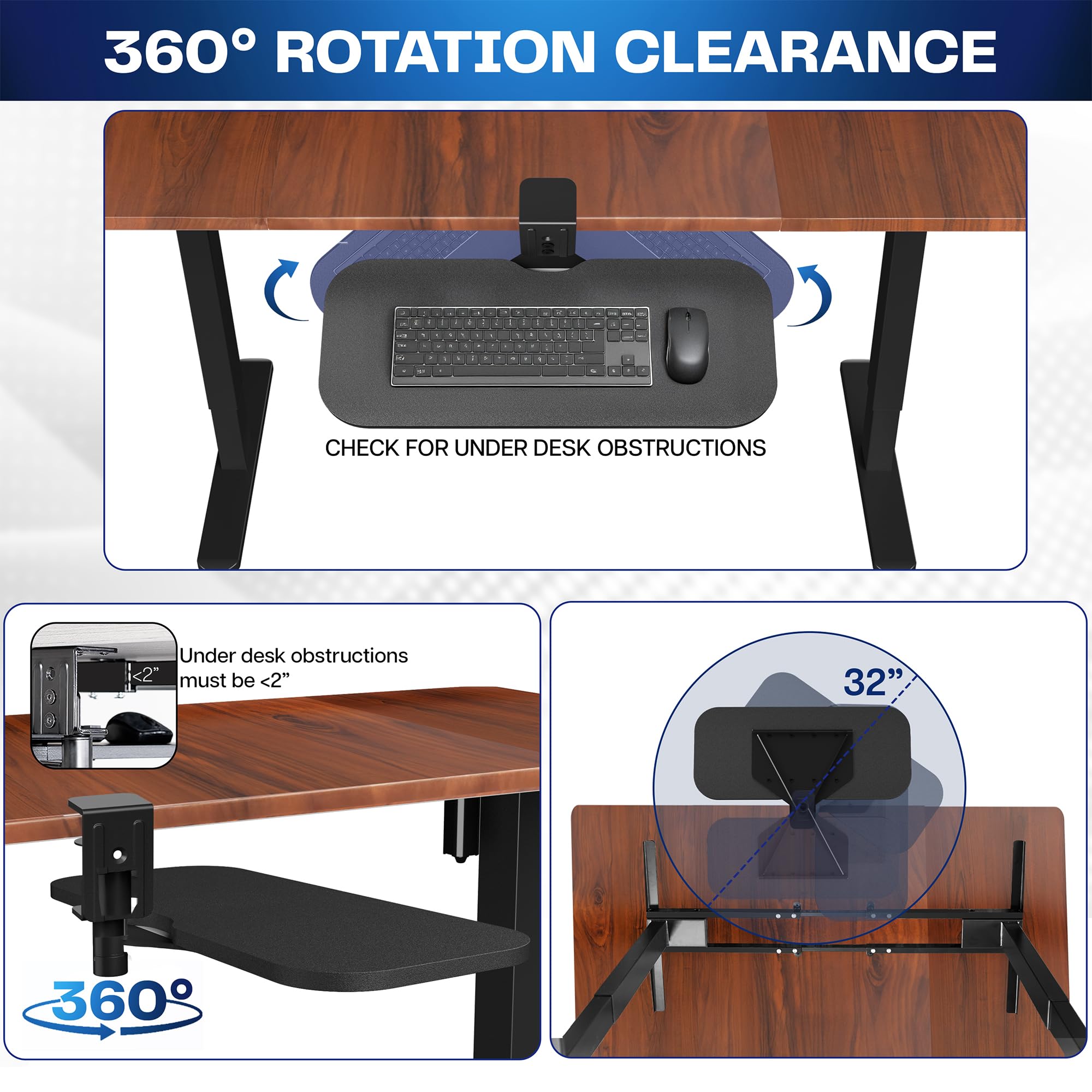 VIVO Soporte giratorio para teclado y mouse de computadora de 23 x 10 pulgadas, abrazadera giratoria de escritorio individual extra resistente, escritura ergonómica, negro, MOUNT-KB04CB