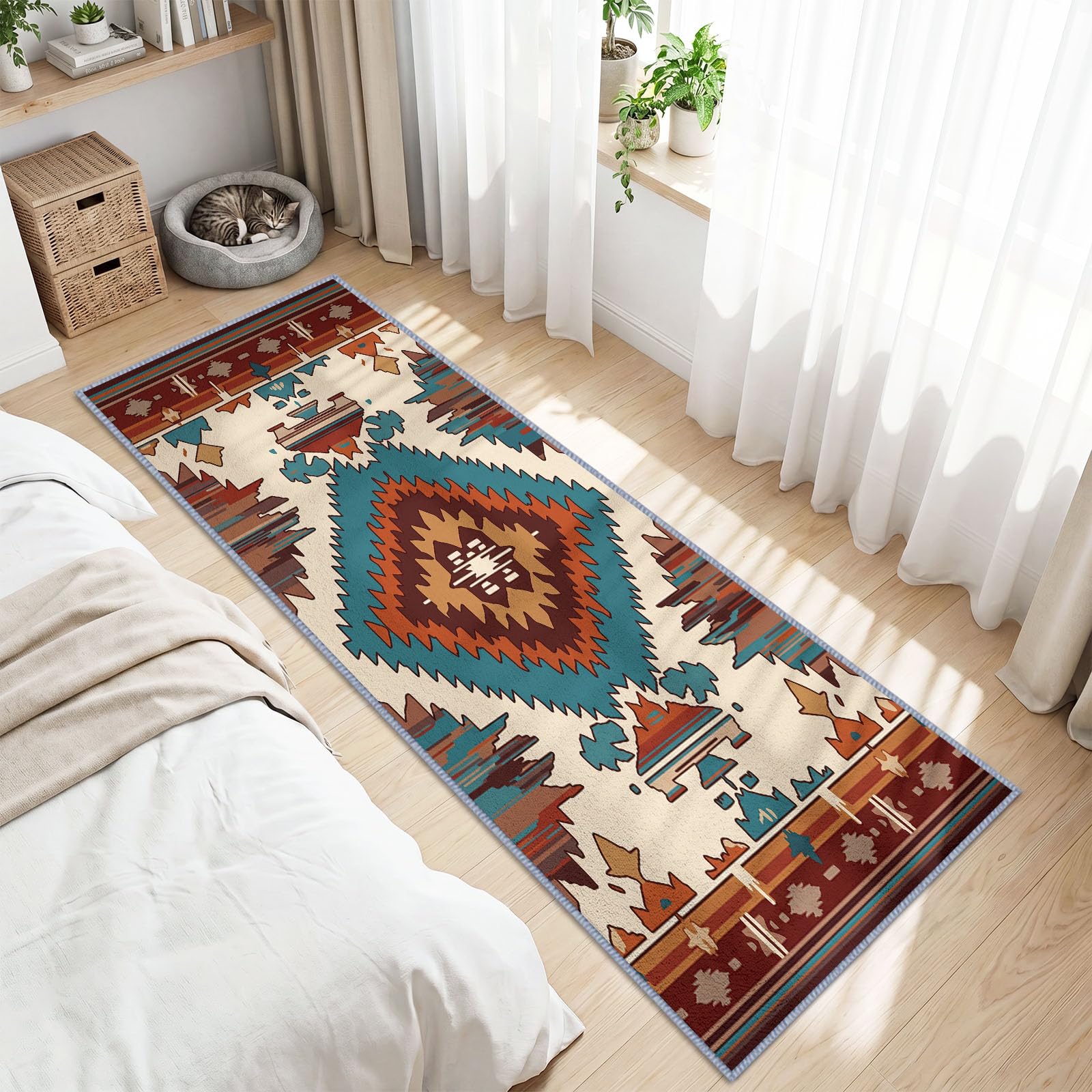 60 x 120 cm Tapis de Couloir Long Lavable Beige, Motifs Ethniques Ruraux Et Géométriques 3D Impression Long Antidérapant Tapis De Passage pour entrée, Chambre à Coucher, buanderie, Salon