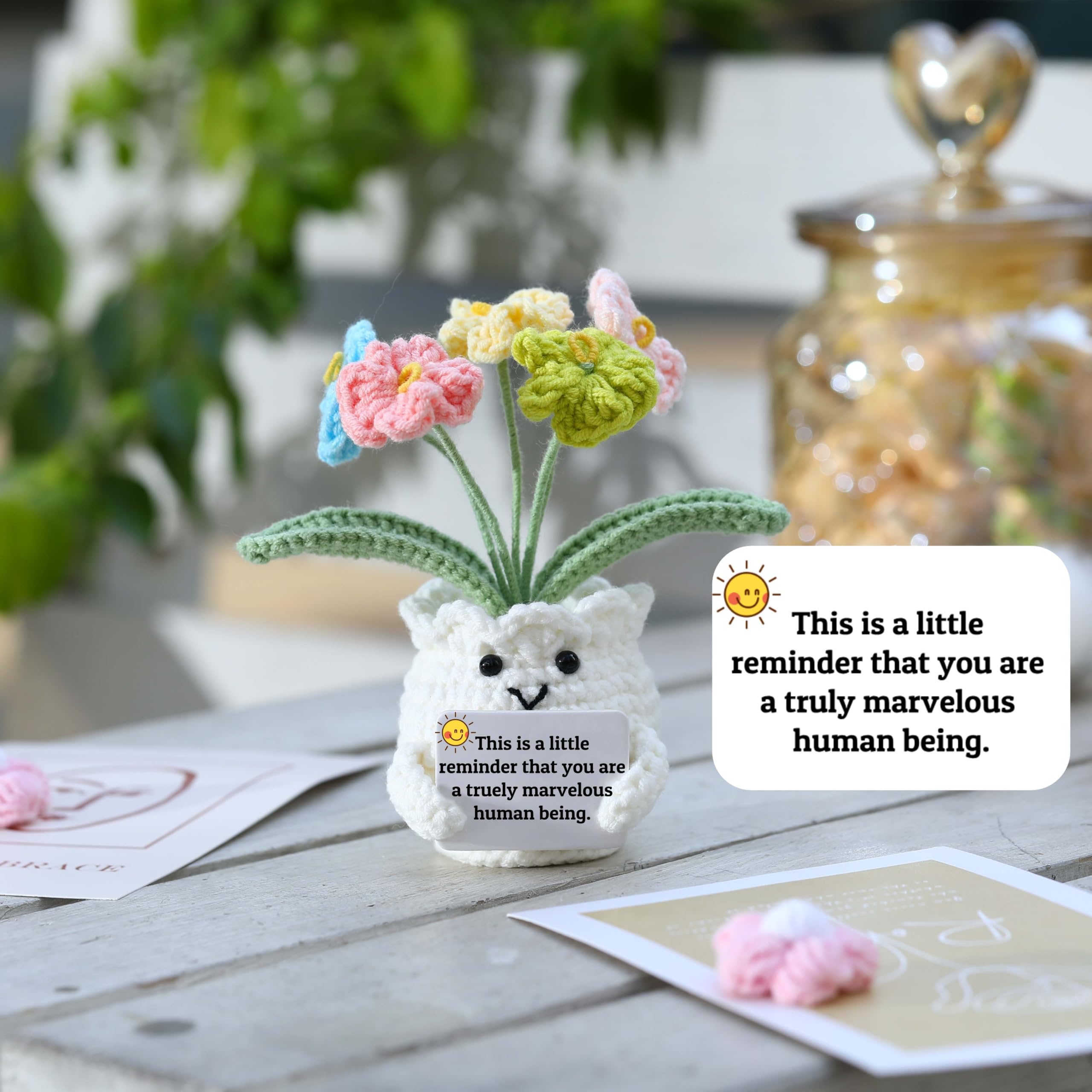 YOOJEE Forget-Me-Not Positive Crochet Flowers Plants Gift Handmade Desk Decor with Card “This is a Little Reminder” Appreciation Inspirational Gift for Coworkers Women Employee Teacher Best Friend Mom