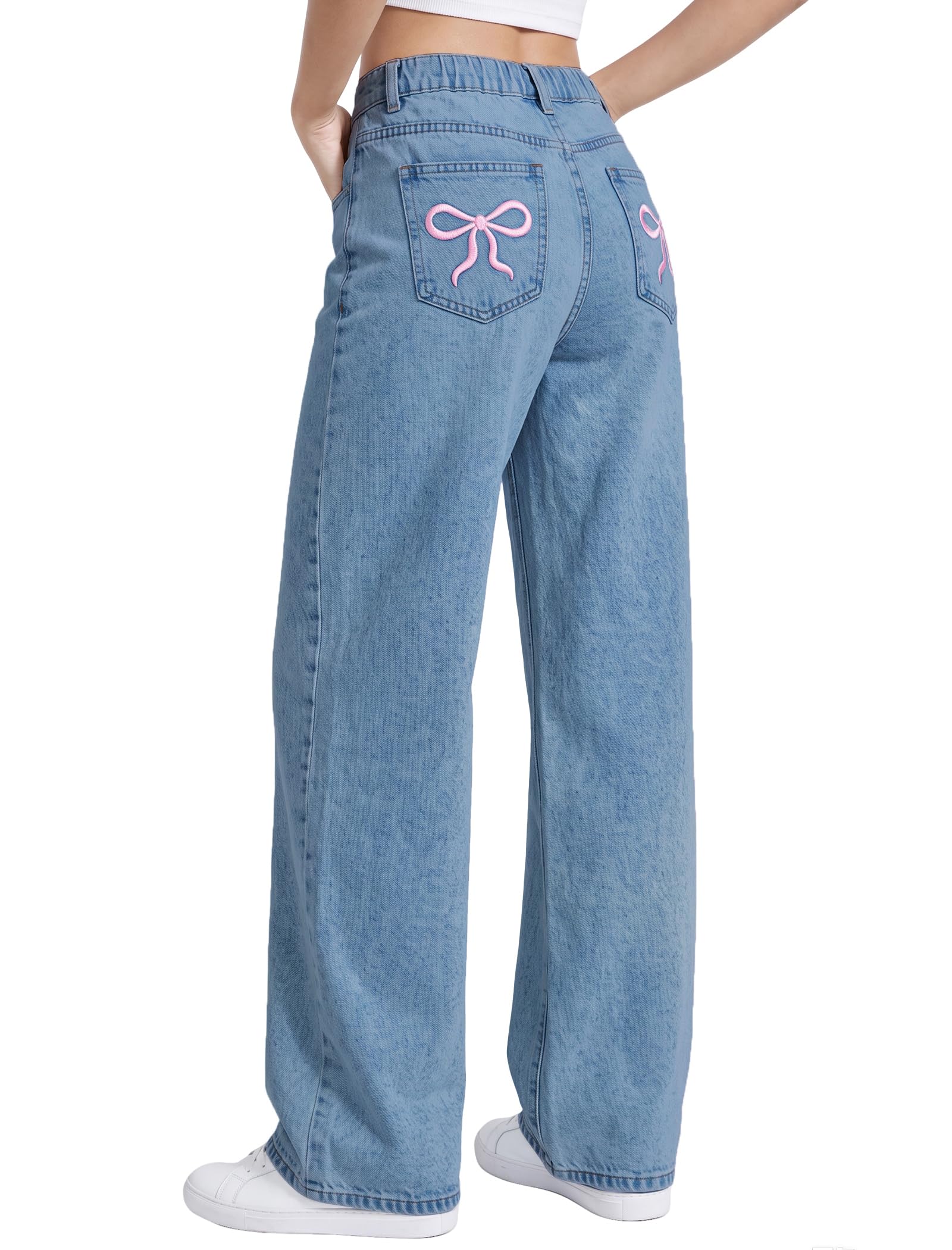 EXARUS Jeans da ragazza a gamba larga/svasata con ricamo a fiocco/stampa leopardata pantaloni in denim con tasche casual per bambini 6-14 anni
