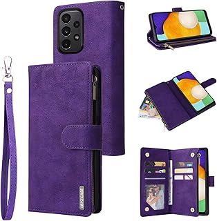 LBYZCASE Case for Galaxy A23 5G with Card Slots[RFID Blocking],Durable Flip Folio Kickstand Magnetic Closure Leather Zipper Wallet Wrist Strap Women Men Case Cover for Samsung Galaxy A23 (Purple)