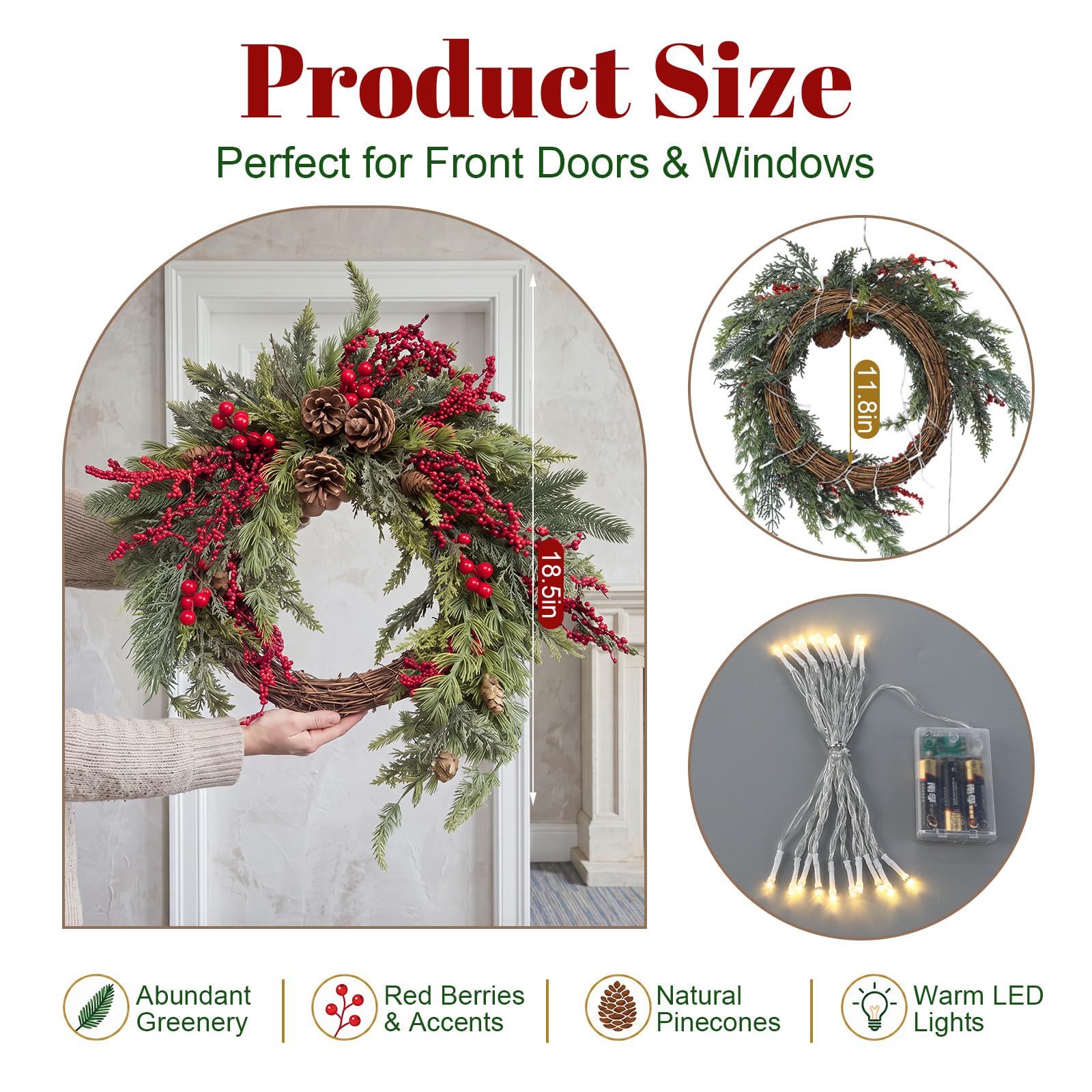 Yinder Couronne de Noël de 55,9 cm pour porte d'entrée avec lumières rouges en cèdre de pin artificiel avec pommes de pin – Couronne de Noël lumineuse avec pommes de pin – Couronne de Noël pour porche