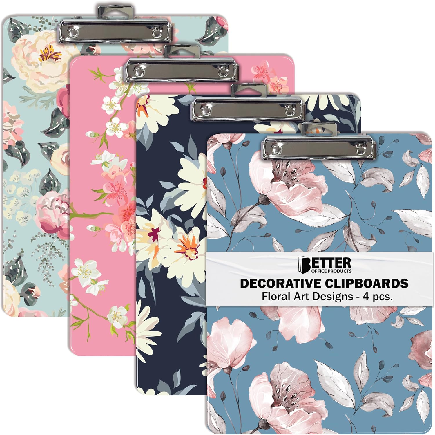 Better Office Products Fashion Clipboard (4 Pack), Standard A4 Letter Size, 12.5" x 9", Wooden with Low Profile Clip and Retractable Hanging Tab, Decorative (Floral Designs)