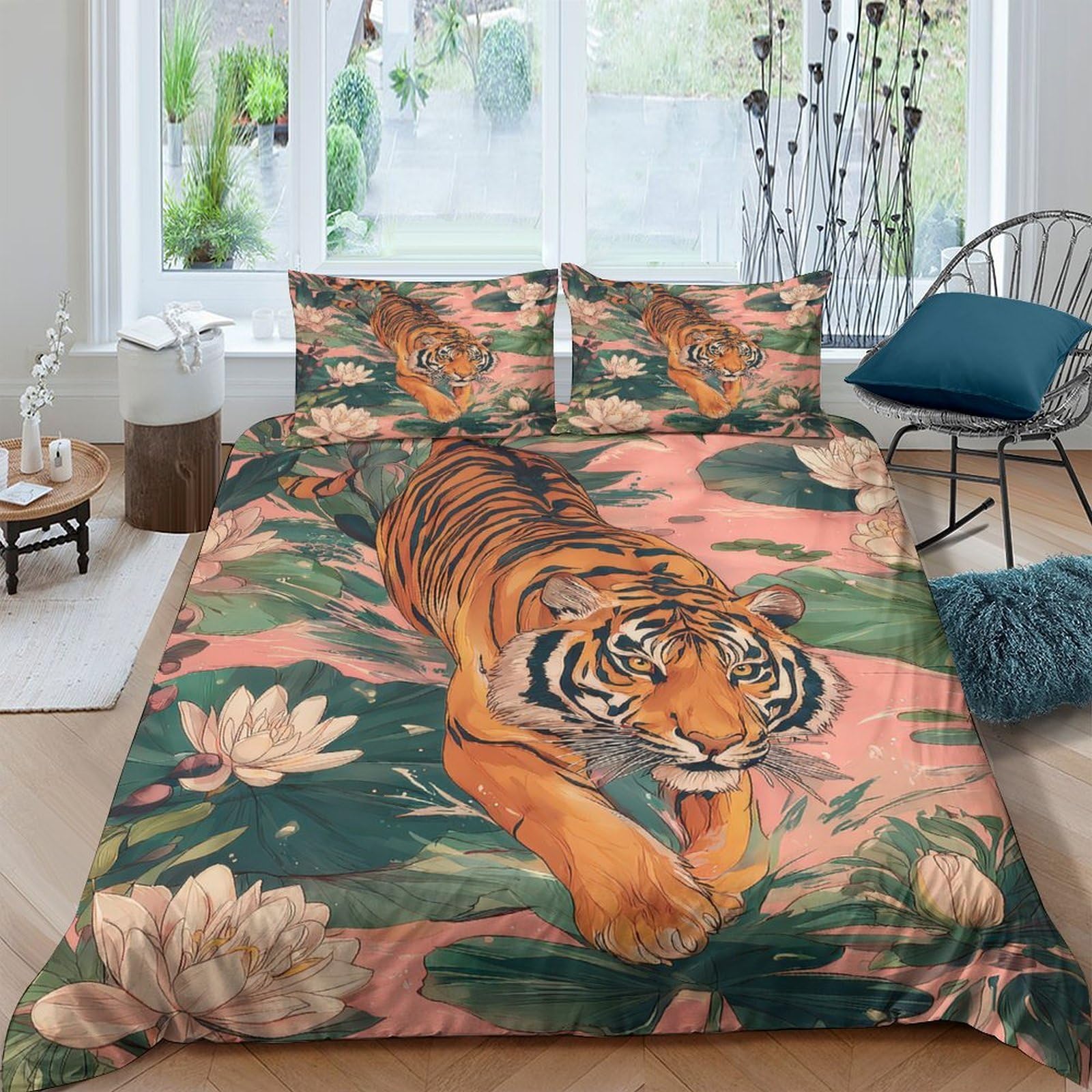 Ctjqhvkz Style-4 3D Printed Tiger Jungle Fitted Sheet Microfiber Soft Anti-Slip Lotus Bed Cover For Bedroom Guestroom Decor Single（135X200cm）