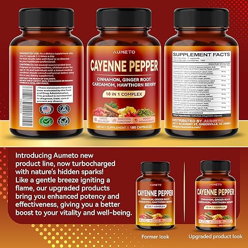 Miniatura 5 de AUMETO Pimienta de Cayena Ultra Complejo de 15,400 mg con canela, raíz de jengibre, cardamomo, baya de espino - Función de digestión, apoyo general
