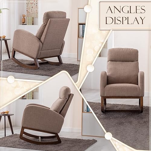 Miniatura 7 de KINFFICT Cómoda mecedora, tapizada para guardería o relajación, sillón de sala de estar con respaldo alto y reposacabezas, moderno balancín con