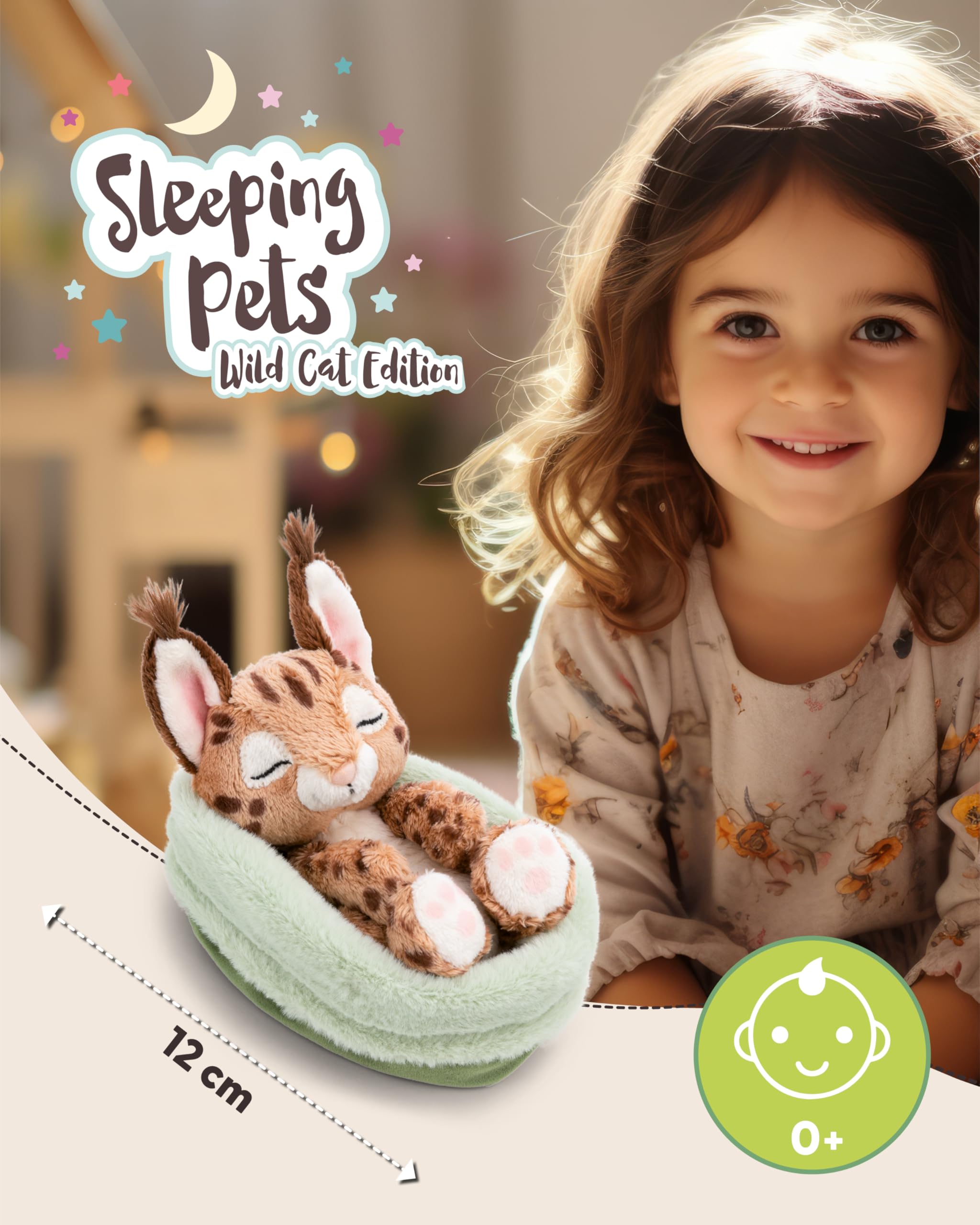 NICI Peluche caracal 12 cm durmiendo en una cestita, marrón, Peluches Decorativos, Juegos para niños, Ideas para Regalar - 62874