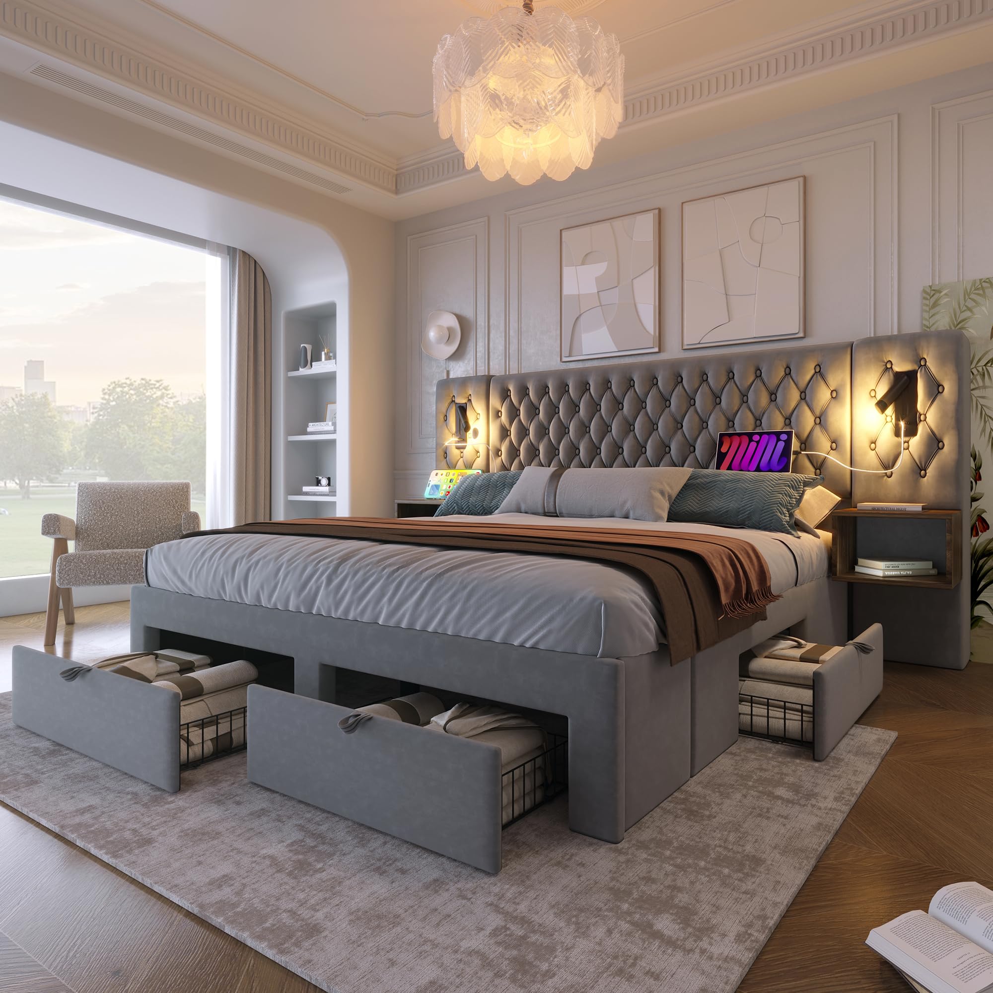 Set completo para dormitorio, cama tapizada matrimonial 180×200 cm con 2 mesitas de noche y 4 cajones, cabecero con luz de lectura y función de carga USB, en terciopelo, sin colchón
