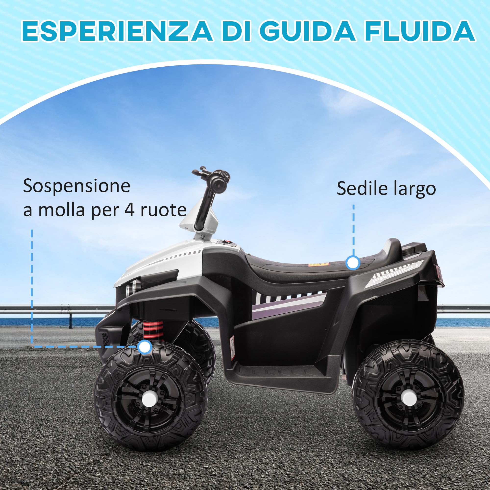 AIYAPLAY Quad Elettrico per Bambini 12V, Auto Elettrica per Bambini con 2 Motori, 5 km/h, Sospensioni, Fari LED, MP3, per 37-60 Mesi, Interno ed Esterno, Bianco