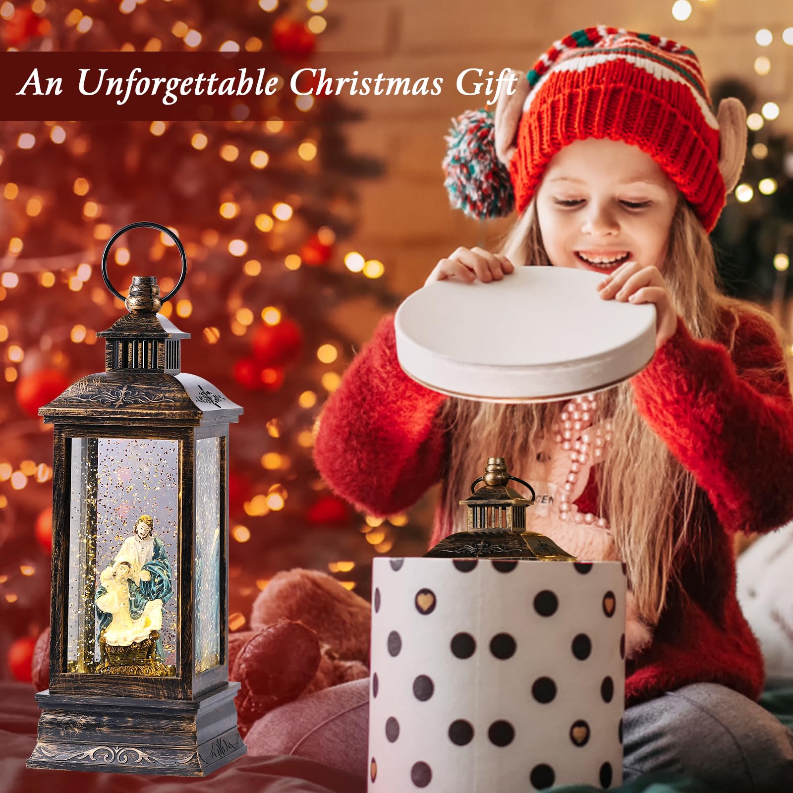Lewondr Globo di Neve di Natale, Globo di Neve a Forma di Lanterna Illuminato con Neve Decorativa e Presepe di Natale, Globo di Neve Musicale con Timer, Regalo per Ragazze Fidanzate Donne, Oro Nero