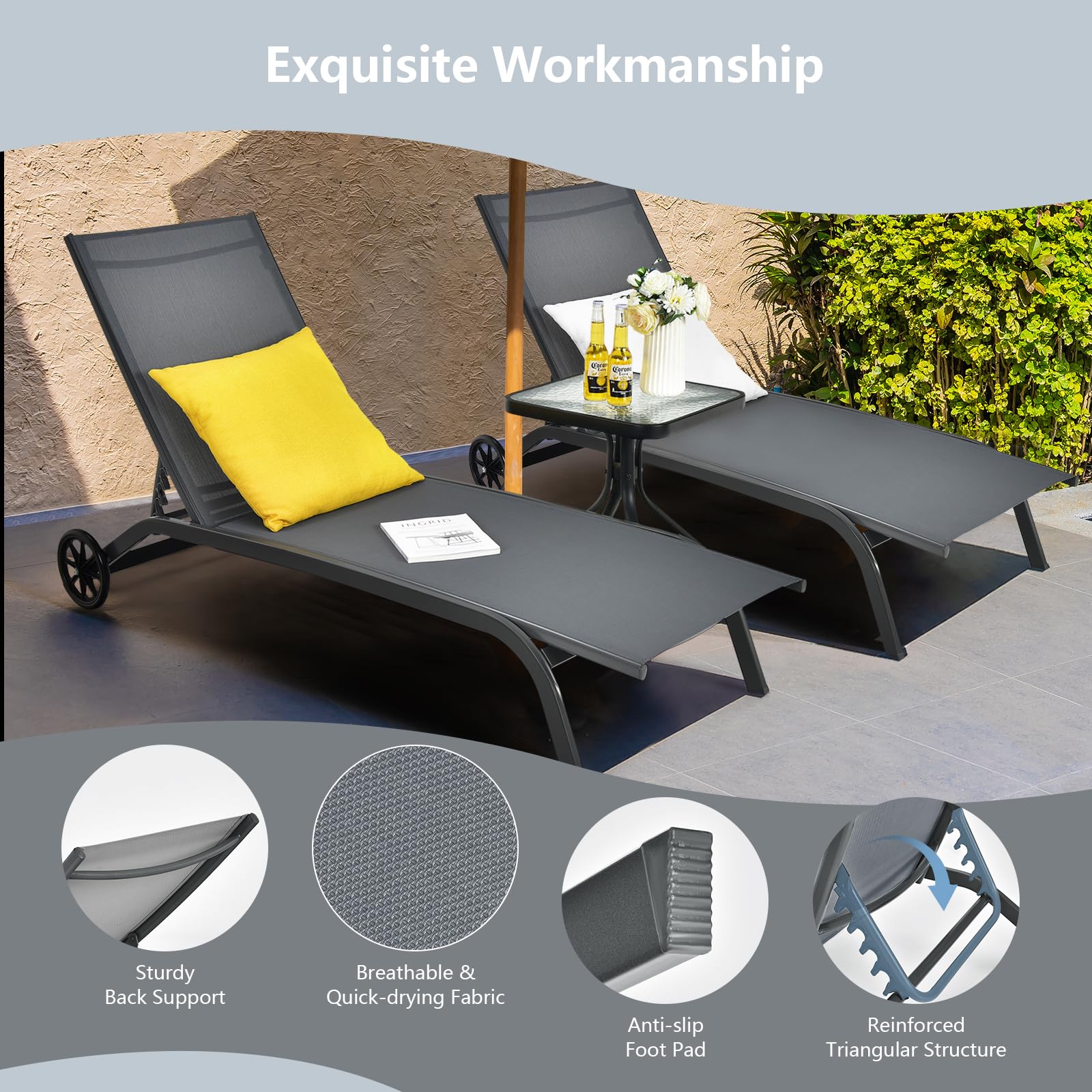 KOMFOTTEU Chaise Longue avec roulettes, Transat de Jardin, Dossier réglable à 6 Positions, Charge 150 kg, Chaise Longue d'Extérieur Mobile, pour Balcon, Terresse, Picine, 190,5 x 61 x 34 cm (Gris)