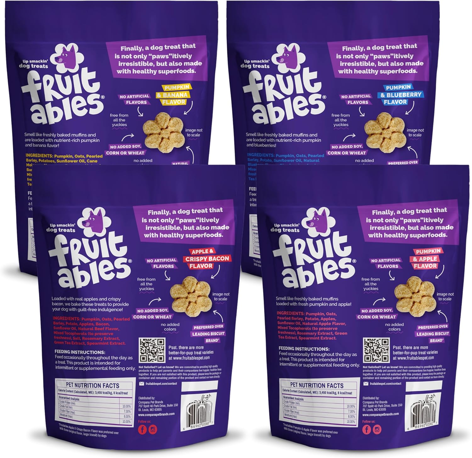 Fruitables Baked Dog Treats - Pumpkin Treats for Dogs - Healthy Low Calorie - Free of Wheat, Corn and Soy - 12 Oz (Variety Pack of 4)