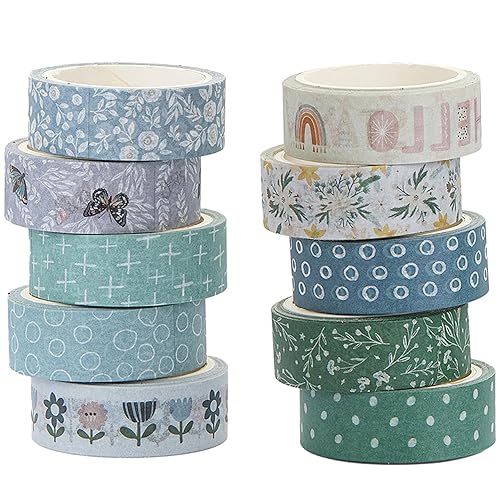 YUBX Boho Washi Tape Set 10 Rolls Cute Masking Graphic Floral Pattern Decorative Tapes for Arts, DIY Crafts, Journals, Planners, Scrapbook, Wrapping (Cool) - Cool