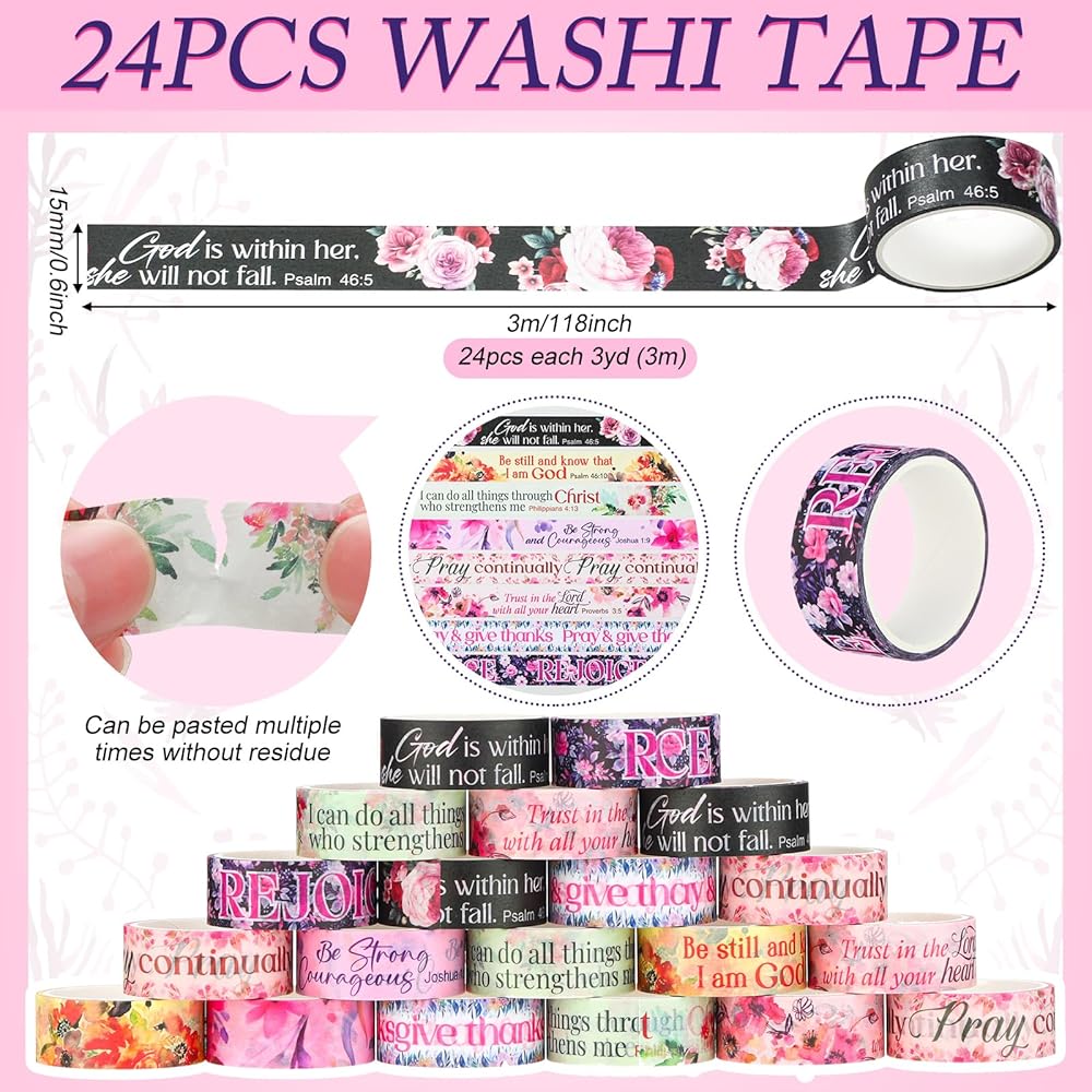 Janlaugh 24 Rolls Washi Tape Gifts Set Bulk Christian Religious Inspirational Scripture Decorative Multicolor Washi Tape for Bible Journaling Crafting Stationery Scrapbooking(Floral) view 2