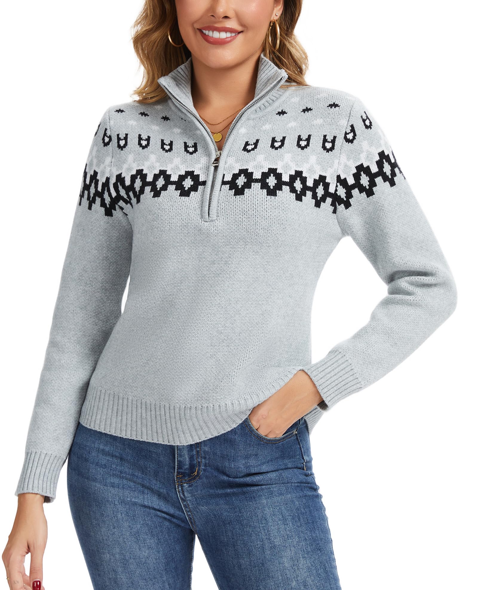 Anienaya Womens Fair Isle Sweater Quarter Zip Turtleneck Casual Slim Fitted Knitwear Lightweight Fall Winter Pullover Tops