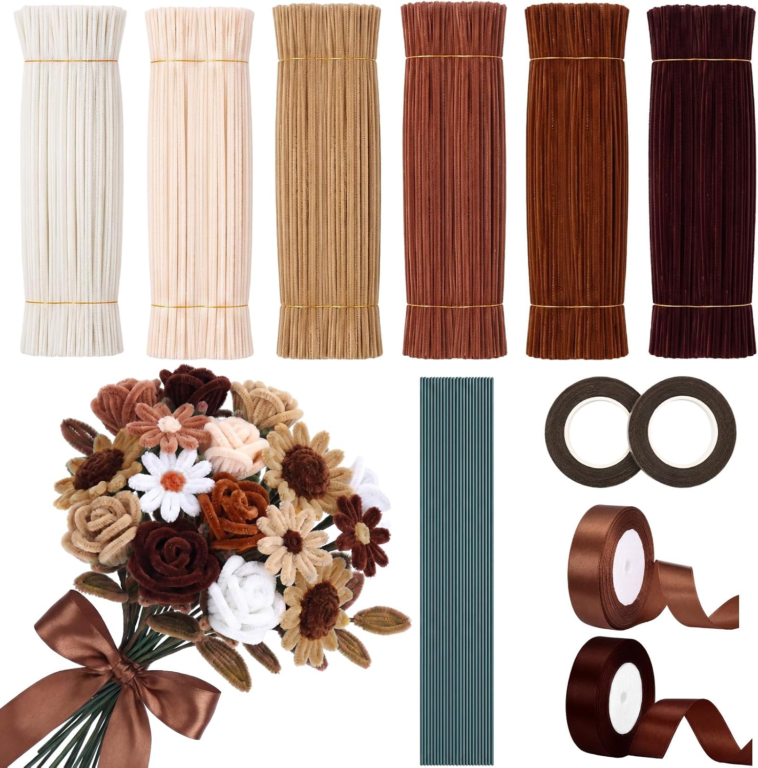 Crtiin 624 Pcs Pipe Cleaner Flower Kit Boho Neutral Chenille Stem DIY Craft