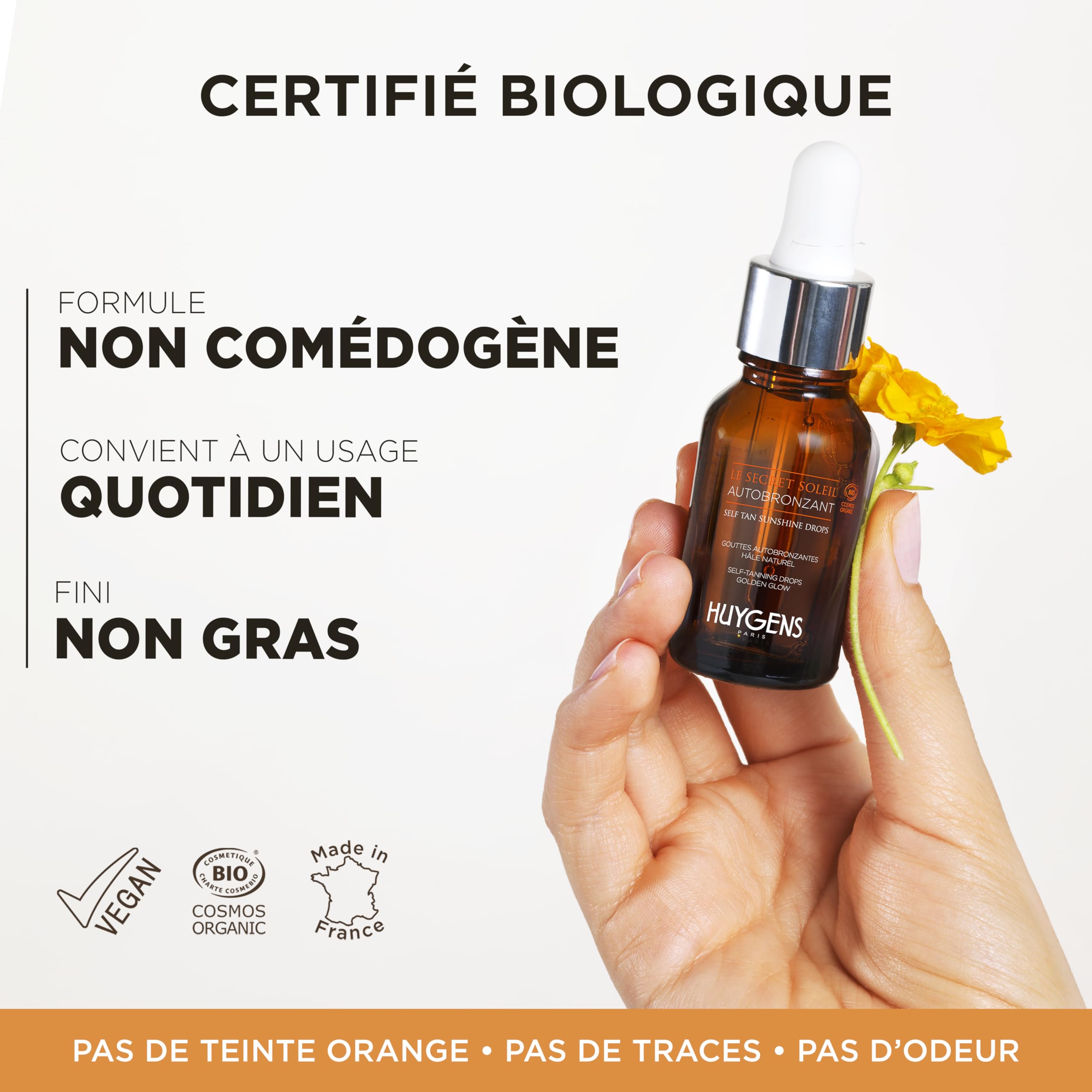 HUYGENS Face Self-Tan Sunshine Drops – Sérum autobronzant progressif – Certifié bio, vegan, fabriqué en France, 15 ml