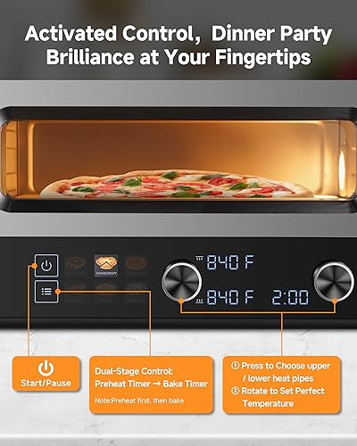 Miniatura 6 de Horno de pizza mejorado que calienta hasta 840 F hace pizzas de 12 pulgadas en 90 segundos, máquina de pizza eléctrica para encimera con 6 ajustes