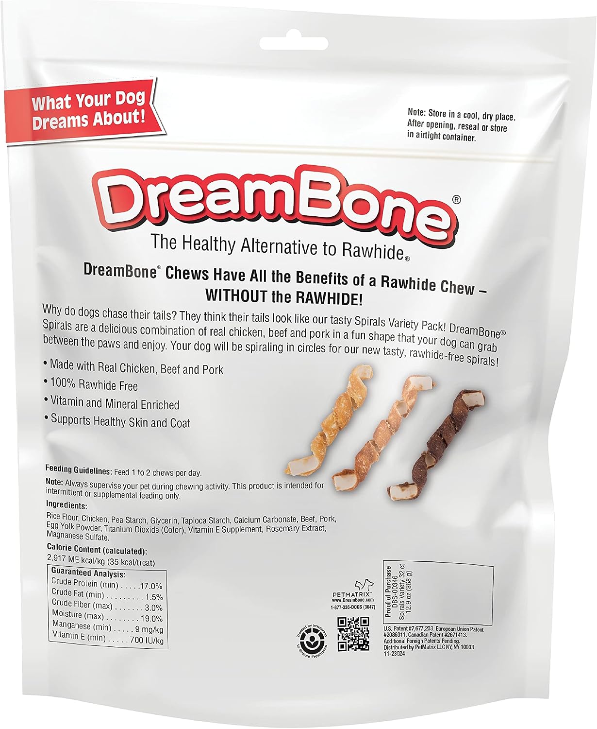 DreamBone Spirals Variety Pack, No-Rawhide Chews for Dogs, 32 Spiral Chews